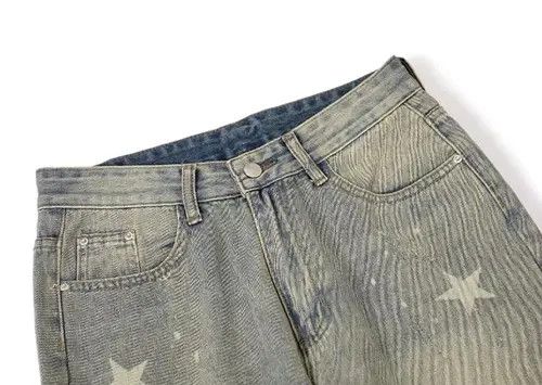Jean Retro High Street Distressed Star Yellow Mud Washed Jeans Size US 32 / EU 48 - 2 Thumbnail