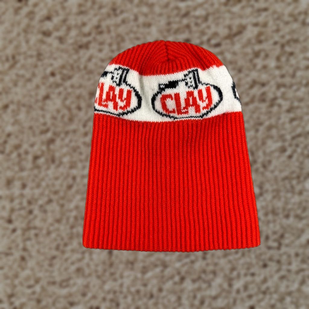 Vintage Clay Beanie Beanie Adult One Size Red Acrylic Knit Hat Men Beanie 100% Acrylic Ski Snowboard Logo Winter Hats Size ONE SIZE - 1 Thumbnail