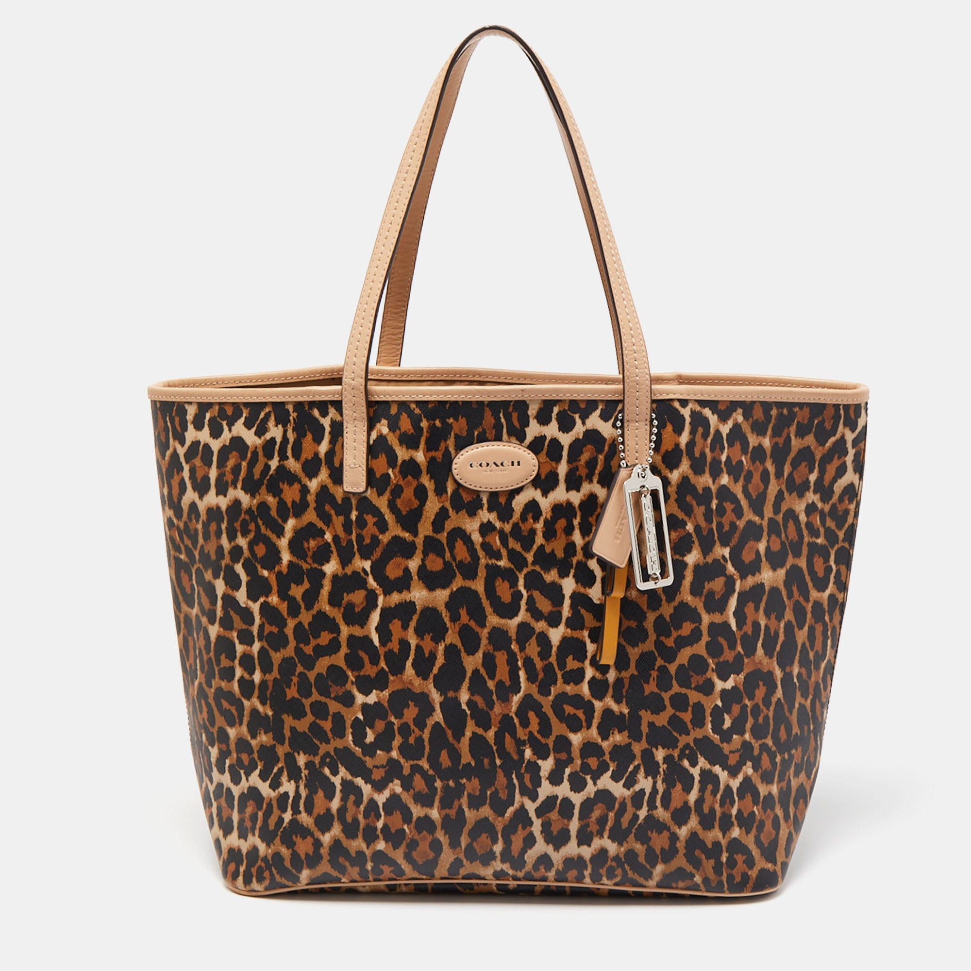 image of Coach Beige/brown Leopard Print Coated Canvas City Tote, Women's