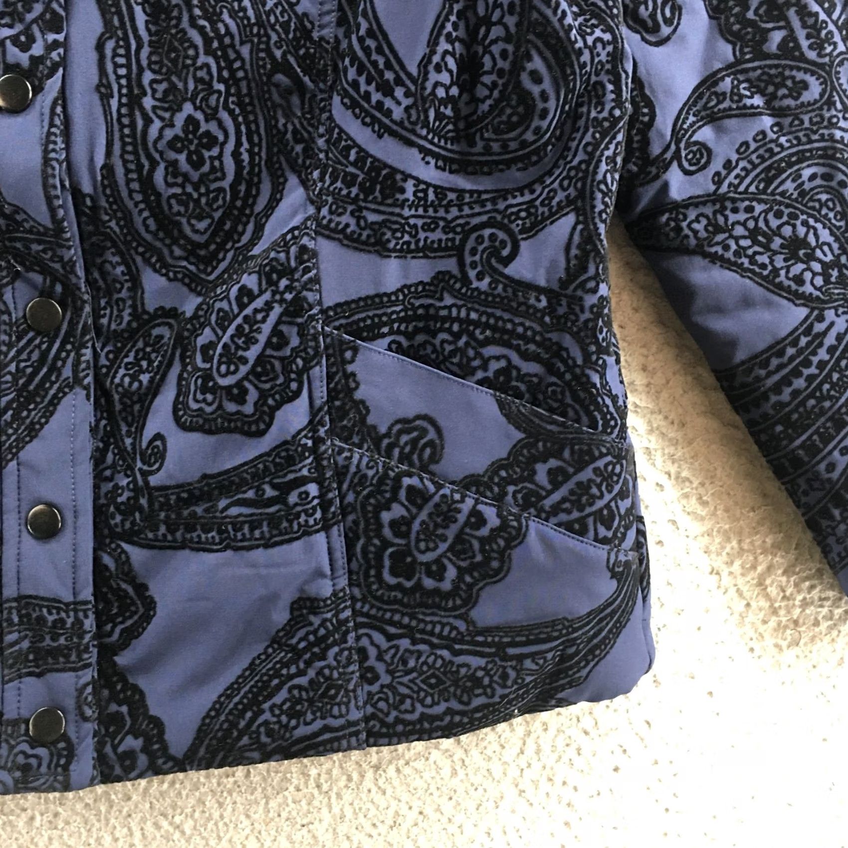 Vintage Zenergy by Chico's Jacket Womens 1 Navy Black Paisley Flocked Quilted Collared Shirt Size XS / US 0-2 / IT 36-38 - 5 Thumbnail