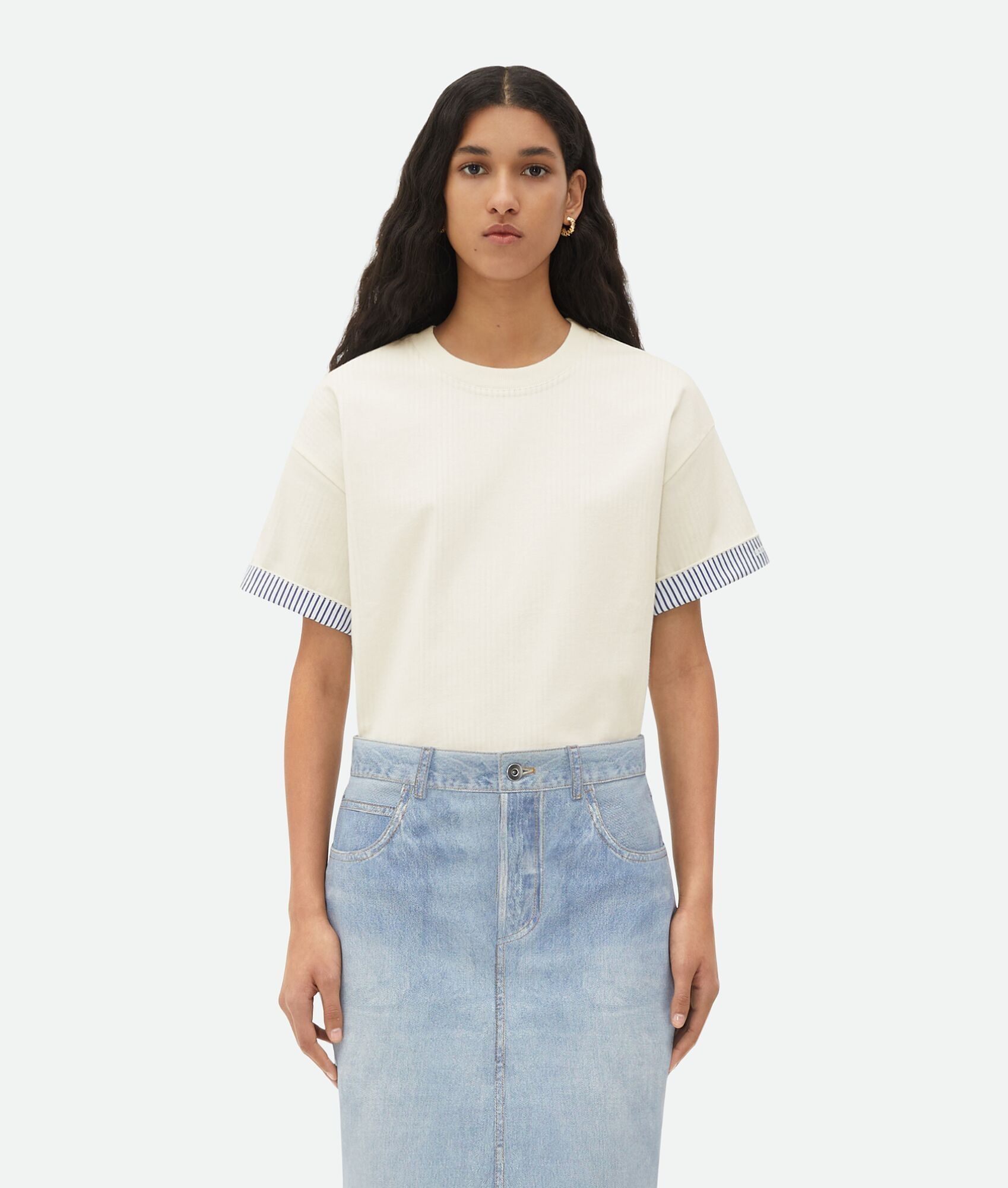Bottega Veneta o1n1vont0325 Double Layer Striped Cotton T-Shirt in Chalk Size XS / US 0-2 / IT 36-38 - 1 Thumbnail
