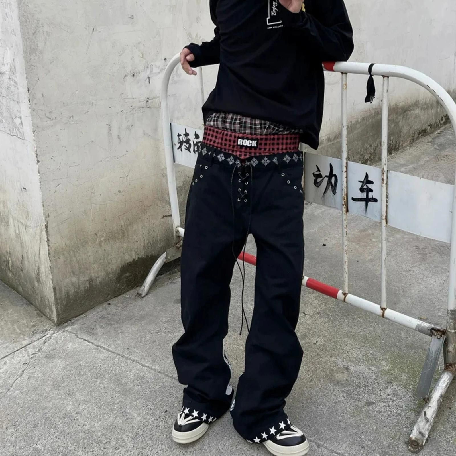 Other Black Baggy Wide Leg Jeans with Plaid Double Waistband Size US 28 / EU 44 - 6 Thumbnail