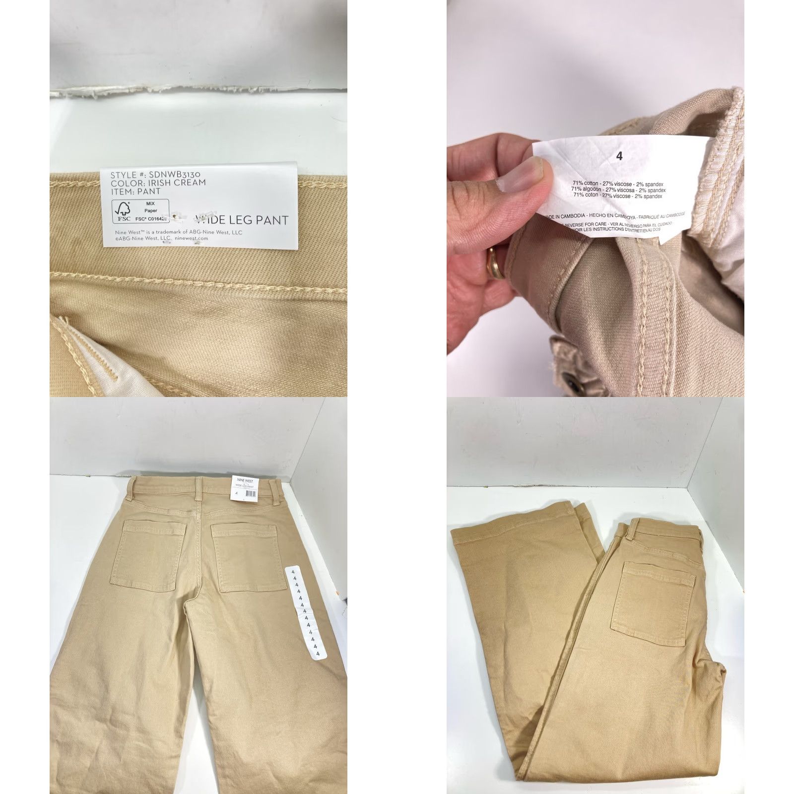 Nine West Nine West Wide Leg Pants Women Sz 4 30X32 Beige Khaki Stretch Cotton Blend NWT Size 27" / US 4 / IT 40 - 7 Thumbnail