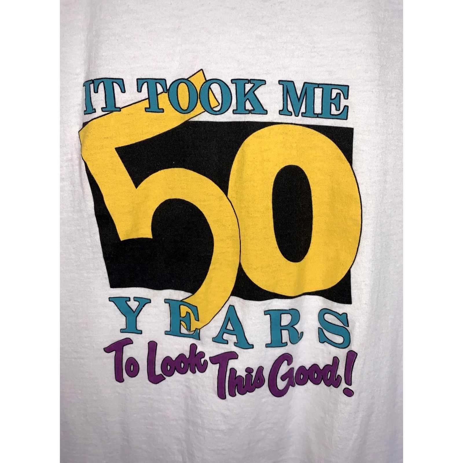 Vintage Vintage White Graphic T Shirt It Took Me 50 Years To Look This Good 90s Funny Unisex Adults L Short Sleeve Crew Neck Mens Womens Size US L / EU 52-54 / 3 - 2 Thumbnail