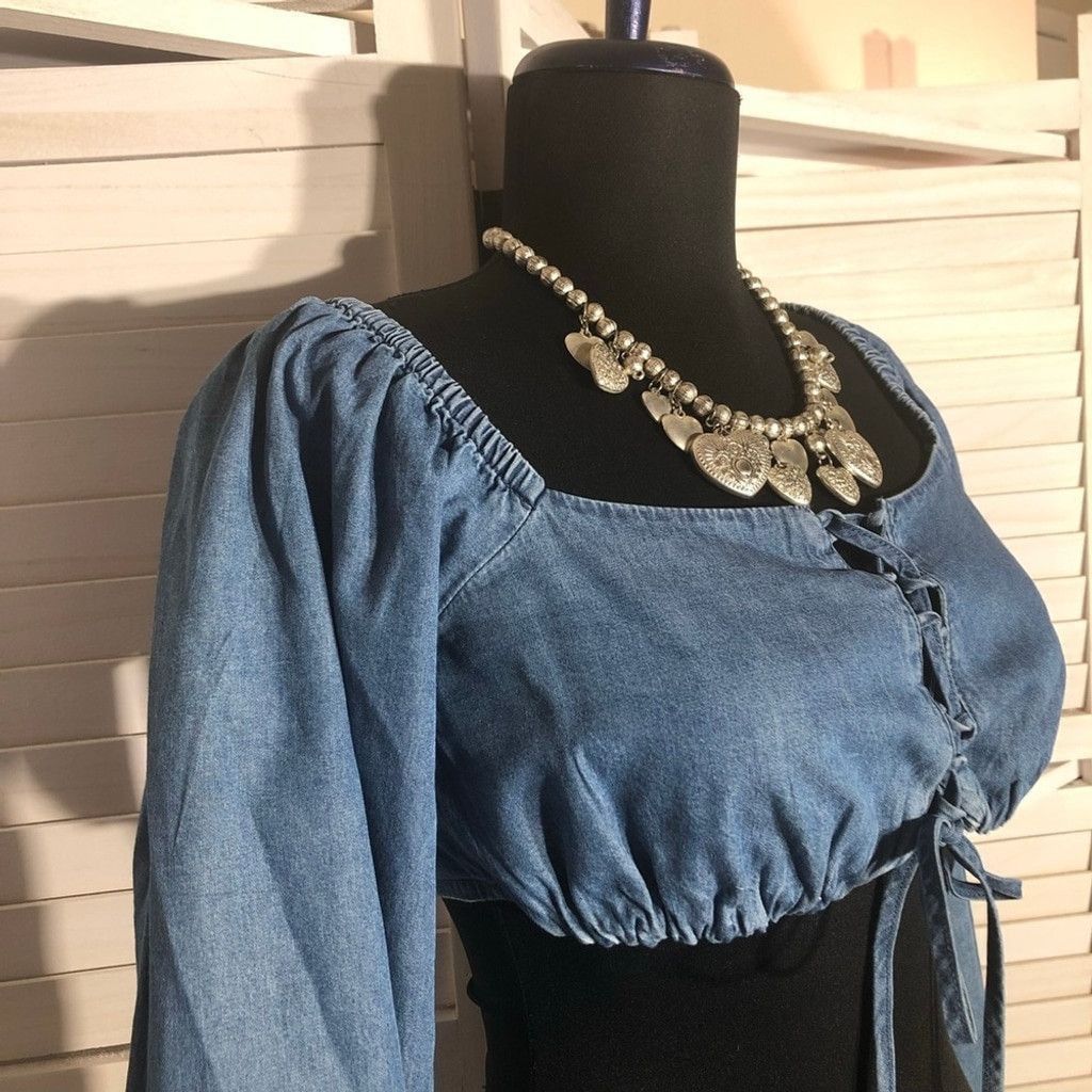 Vintage Cropped Top Front Tie Long Sleeves Chambray Blue sz S Size S / US 4 / IT 40 - 6 Thumbnail