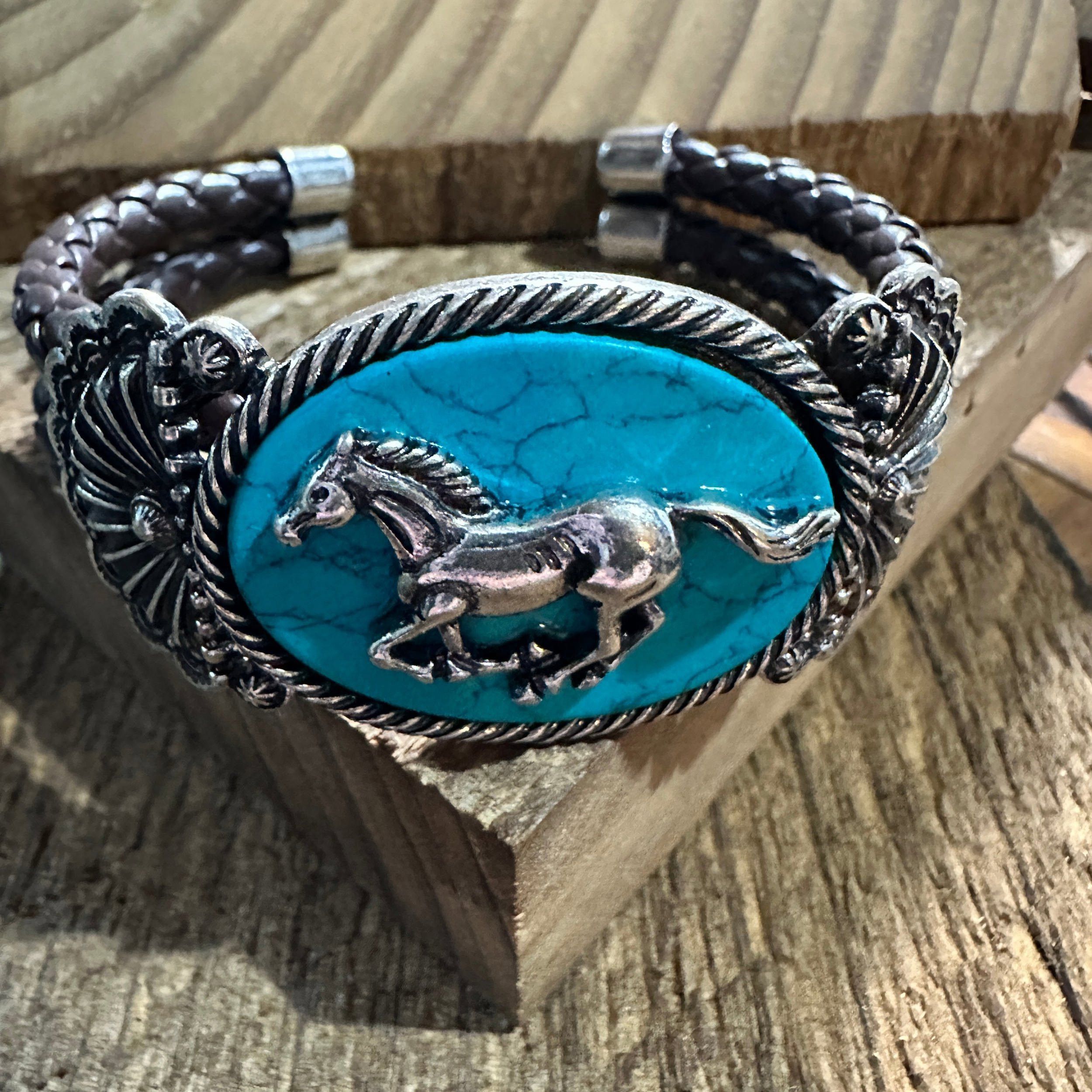 Other Horse Turquoise Stone Western Leather Open Bangle Bracelet Size ONE SIZE - 1 Thumbnail