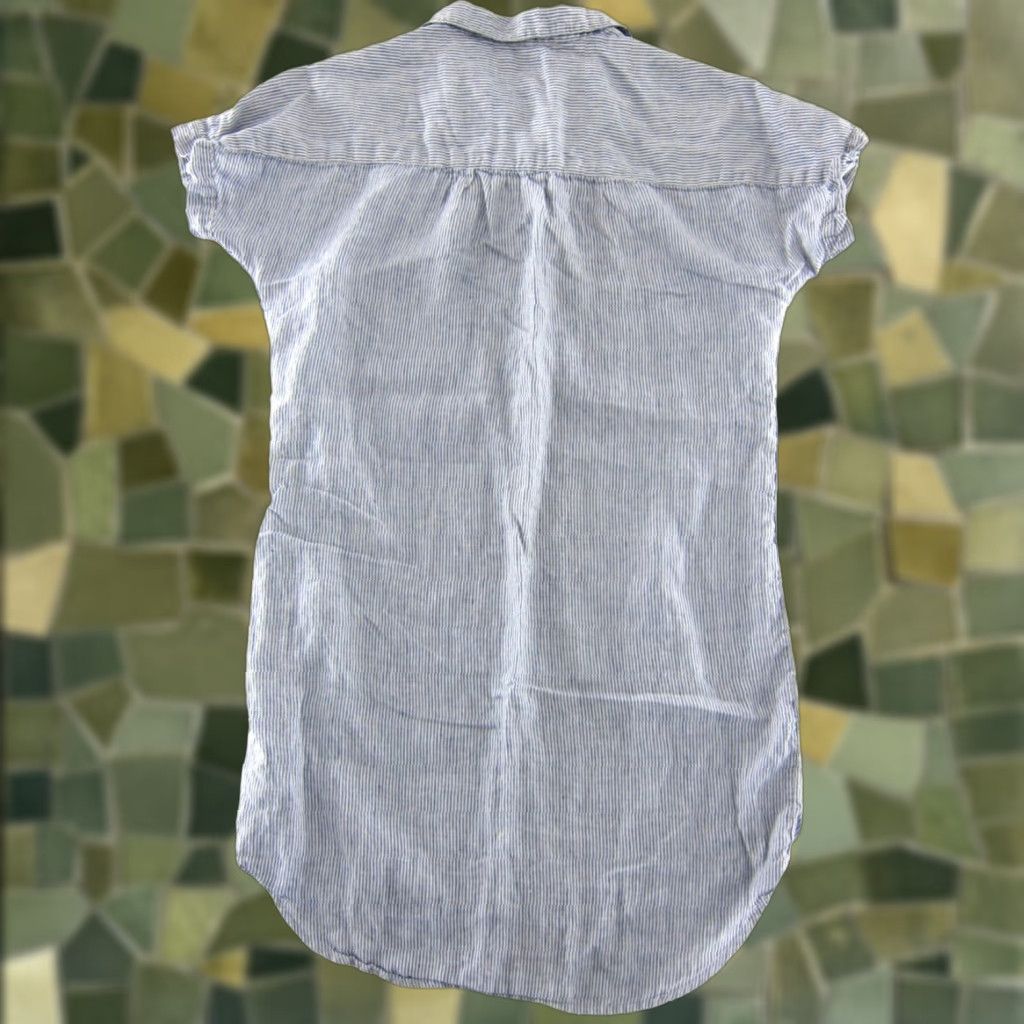 Vintage TAHARI Shirt Dress 100% Linen Blue White Pinstripe Short Sleeve Collared Large Size L / US 10 / IT 46 - 1 Thumbnail
