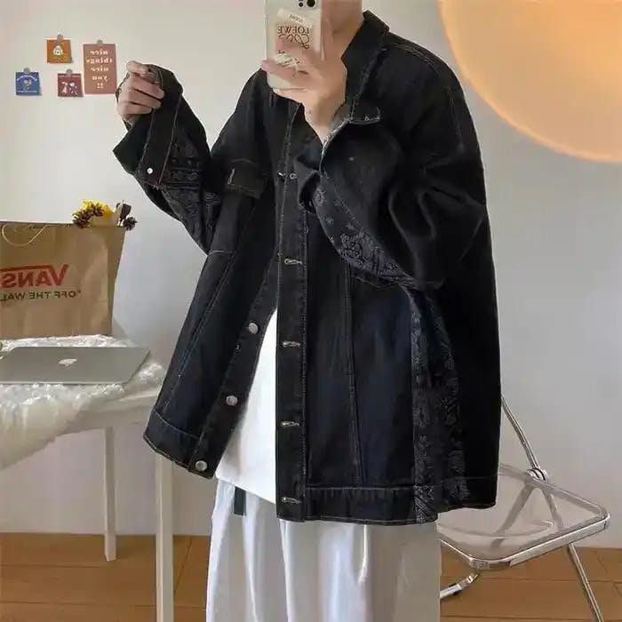image of Retro Jacket Pailsey Bandana Patchwork Denim Jacket in Black, Men's (Size Medium)