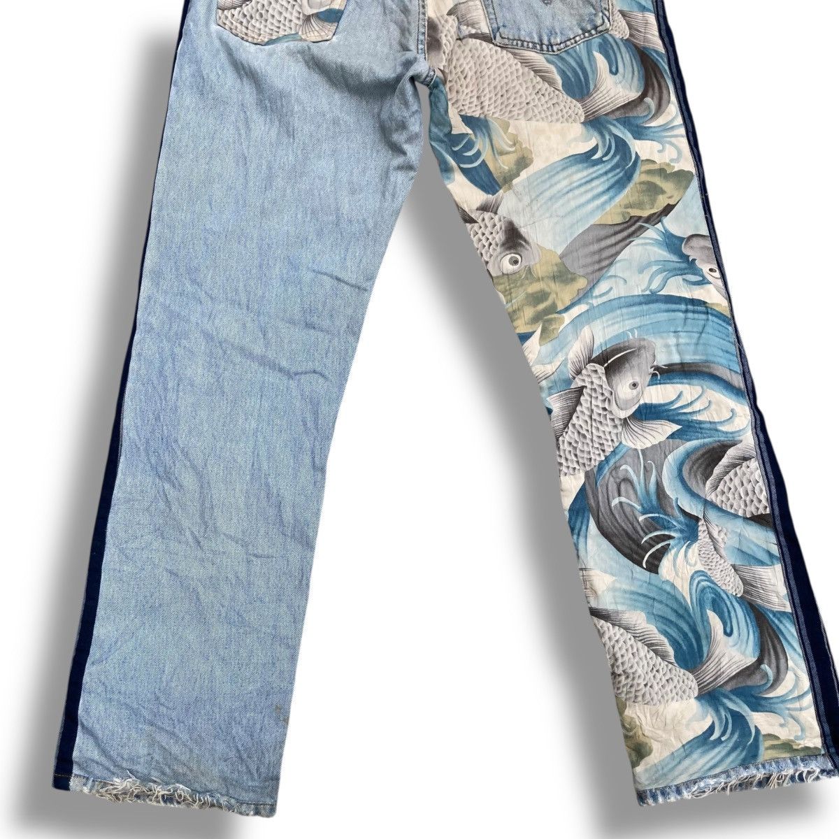 Handmade 🇯🇵 BLUESHADU JAPANESE KOI FISH DISTRESSED DENIM PANTS Size US 33 - 10 Thumbnail