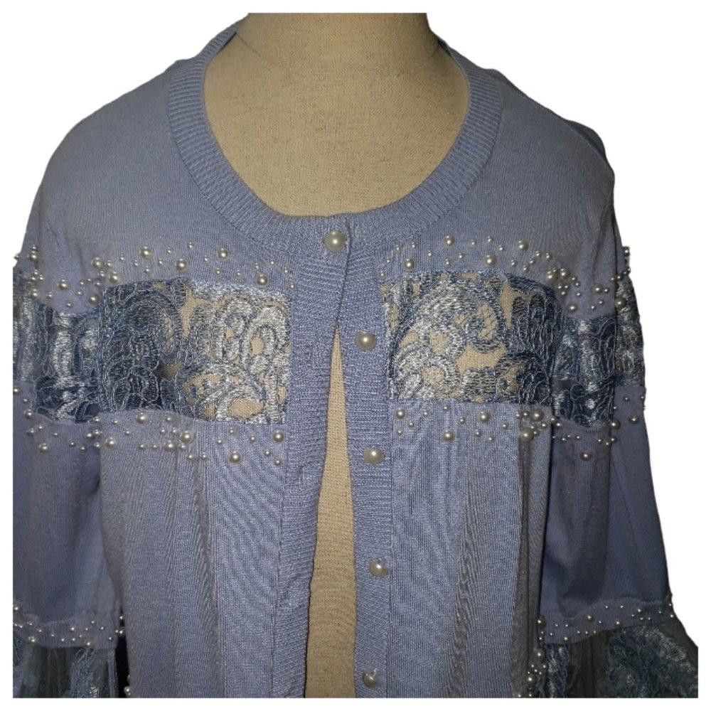 Designer CT418 Boston Proper Blue Lace & Pearl Simmer Cardigan XL Size XL / US 12-14 / IT 48-50 - 3 Thumbnail
