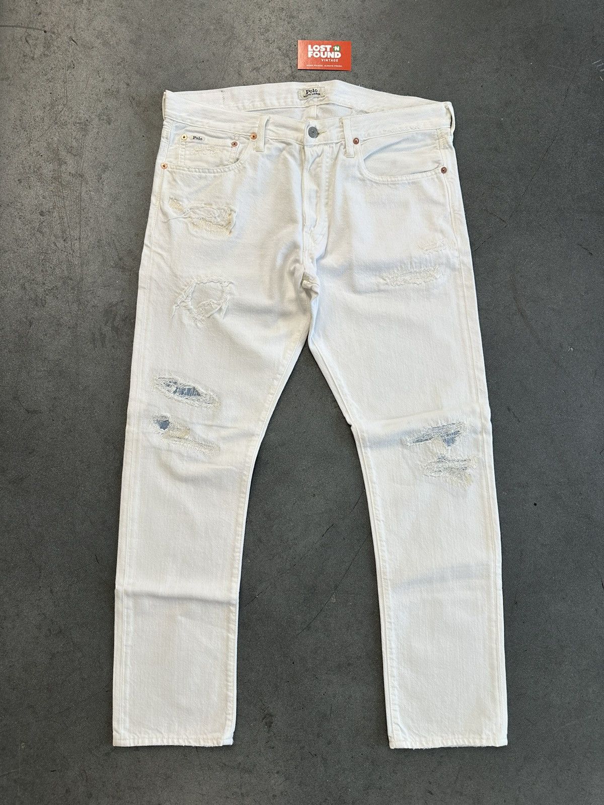 Polo Ralph Lauren Men’s White Denim Distressed 2024 Patch Sullivan Slim Jeans 34/32