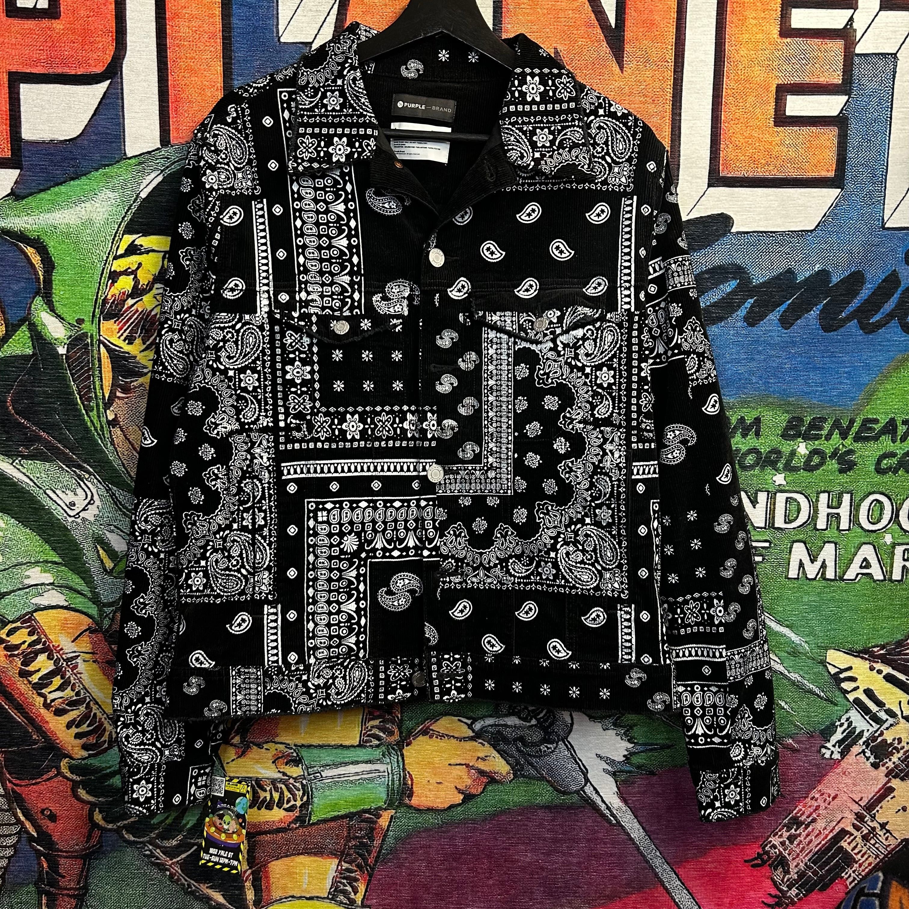 image of Purple Brand Corduroy Paisley Lightweight Jacket Size Large in Black/White, Men's