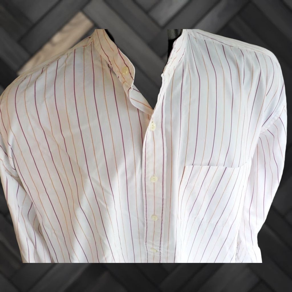 Greats Britches LS Striped Shirt Shirt Britches Button-Front Band Collar 100% Cotton White Orange Wine S Mens Outdoor Casual Long Sleeve Banded Collar Shirt Size US S / EU 44-46 / 1 - 1 Thumbnail