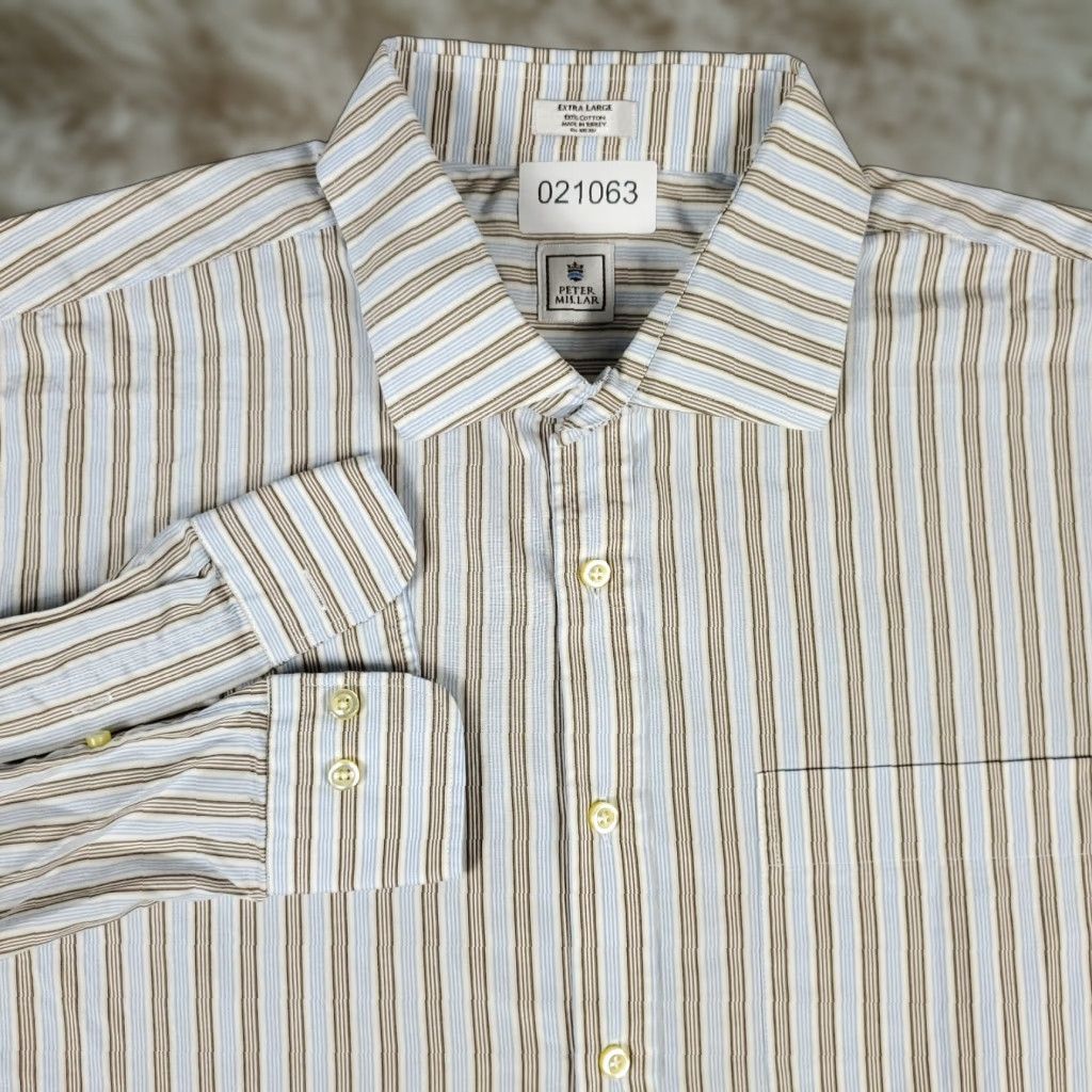 Peter Millar Peter Millar Shirt Mens XL Blue Beige Striped Button-Up Long Sleeve Casual Button-Down Collared Classic Preppy American Colorful Workwear Size US XL / EU 56 / 4 - 1 Thumbnail