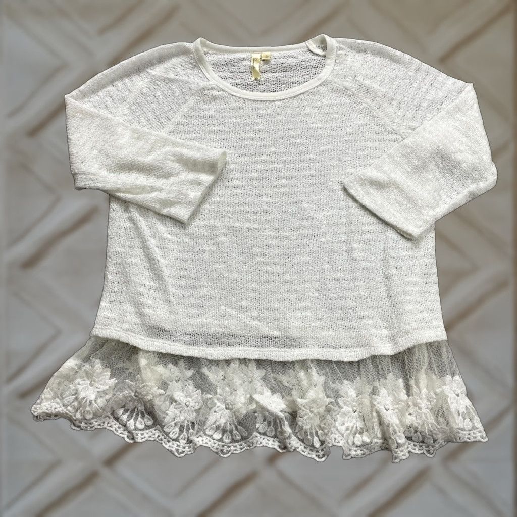 Vintage Chenault Tunic Blouse Women L White Lace Knit Long Sleeve Lightweight Shirt Size L / US 10 / IT 46 - 1 Thumbnail