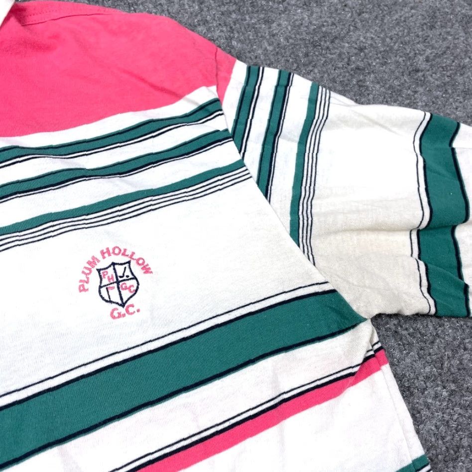 Hogan VTG Yes Hogan Plum Hollow Country Club Polo Shirt Adult Large White Pink Striped Thin 90s Vintage Striped Collared Short Sleeve Polo Shirt Size US L / EU 52-54 / 3 - 6 Thumbnail
