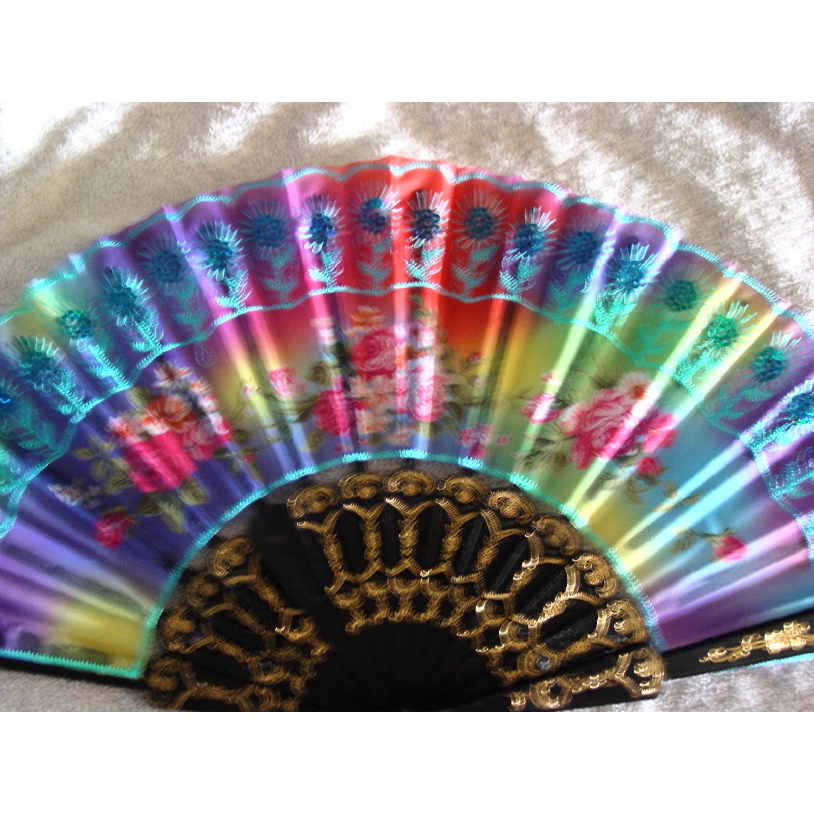 Vintage VINTAGE Hand Fan with Flowers A3 Small Hand Fan 16" Open 9" Closed Womens Mens? Size ONE SIZE - 2 Thumbnail