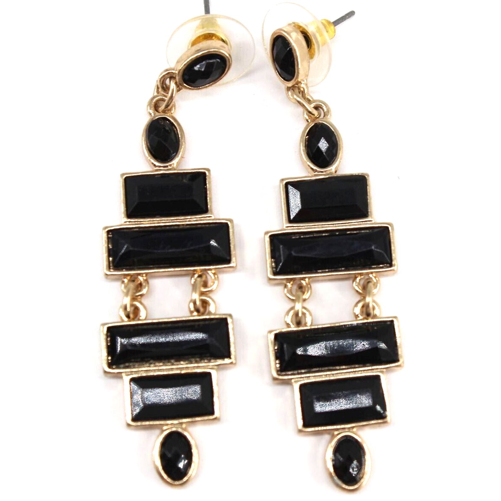 Other Goldtone Dangle Earrings Rectangular Oval Faux Ebony •2-3/4" Size ONE SIZE - 3 Thumbnail