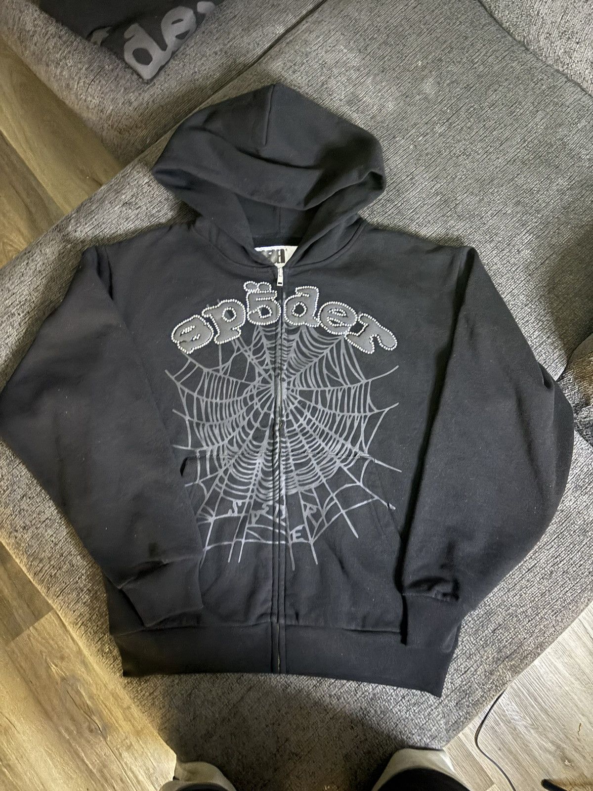 Sp5der Sp5der Phantom Black Rhinestone OG Web Zip Up Hoodie | Grailed