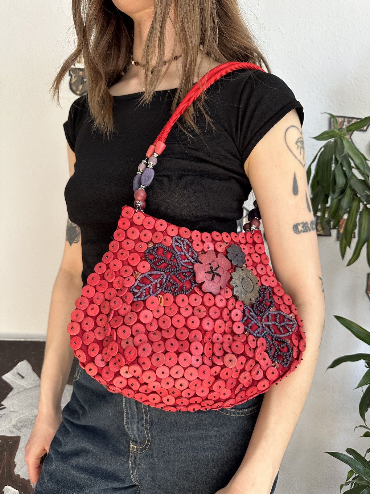 Designer × Vintage Vintage Wood Beaded Boho Fairy Purse Floral Bag Size ONE SIZE - 3 Thumbnail