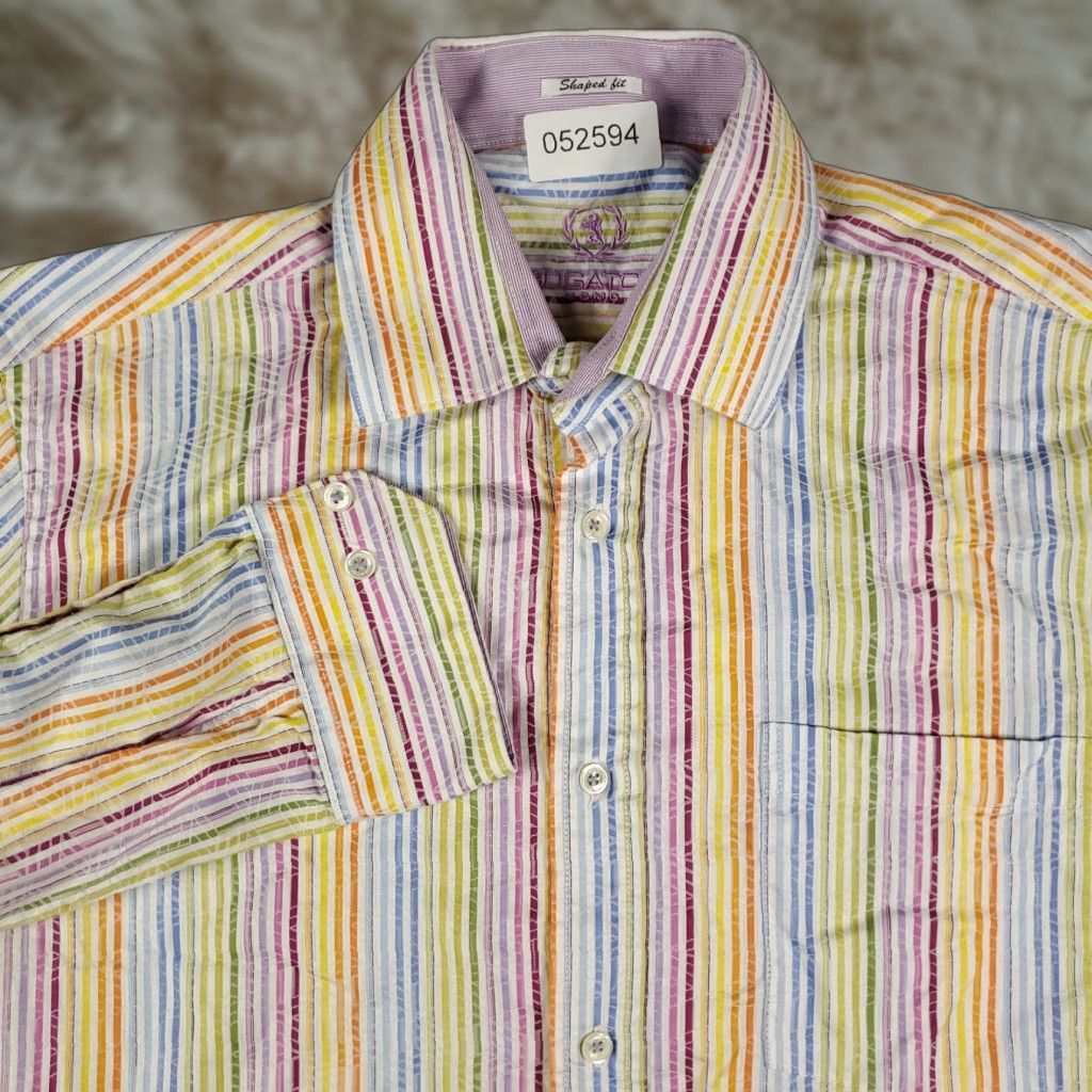 BUGATCHI BUGATCHI Uomo Shirt Mens Large Button-Up Striped Yellow Purple Collar Long Sleeve, Regular Fit, Cotton, Business Casual Formal, Made in USA Size US L / EU 52-54 / 3 - 1 Thumbnail