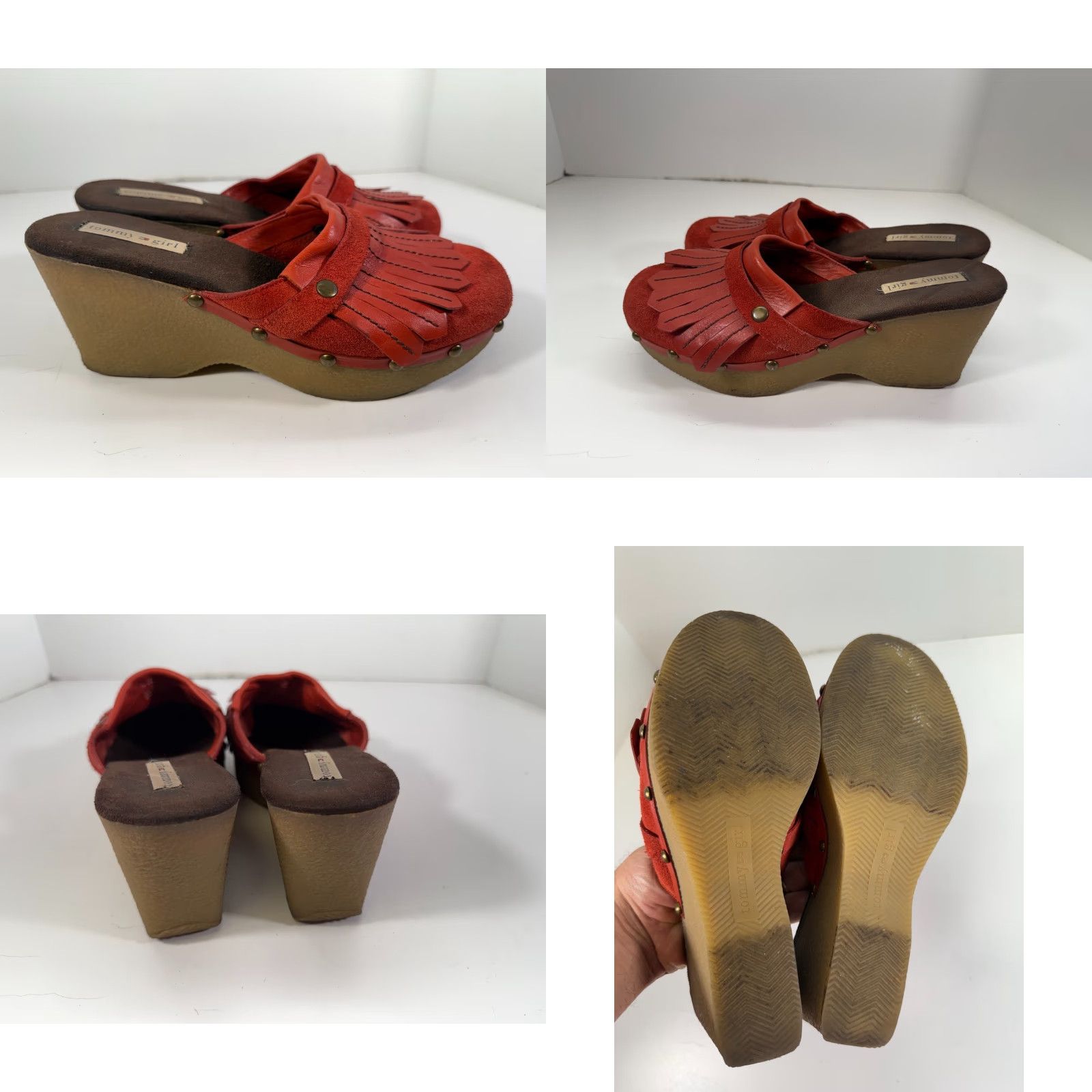 Tommy Hilfiger Tommy Hilfiger Women's Mule Wedge Heels Red Leather Fringe Studded Round Toe 8.5 M Size US 9 / IT 39 - 8 Thumbnail
