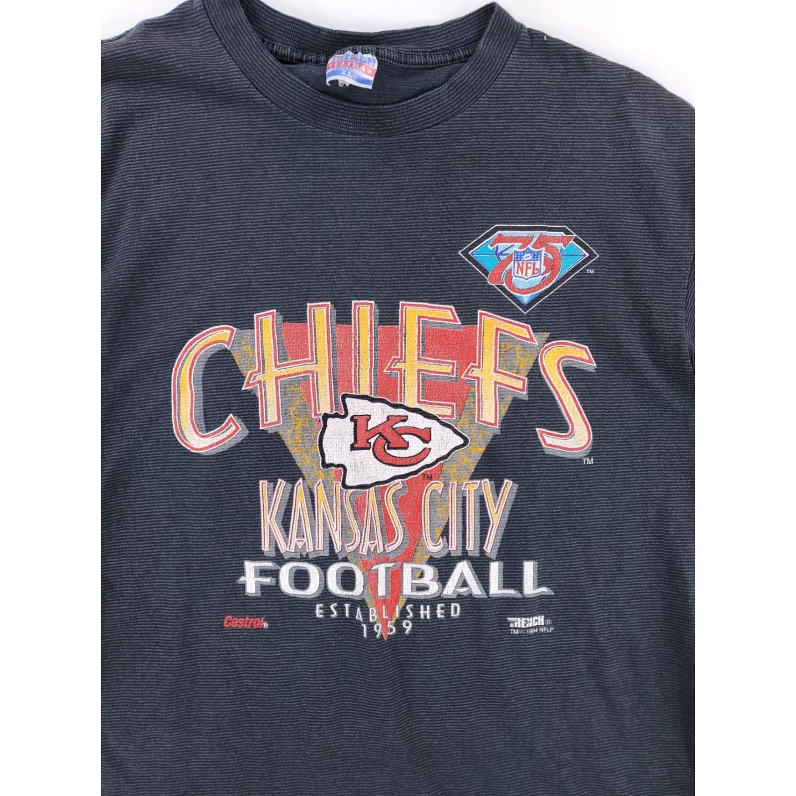 NFL VINTAGE Kansas City Chiefs Trench T Shirt NFL 75th Anniversary Made USA Mens XL Black 90s Size US XL / EU 56 / 4 - 3 Thumbnail