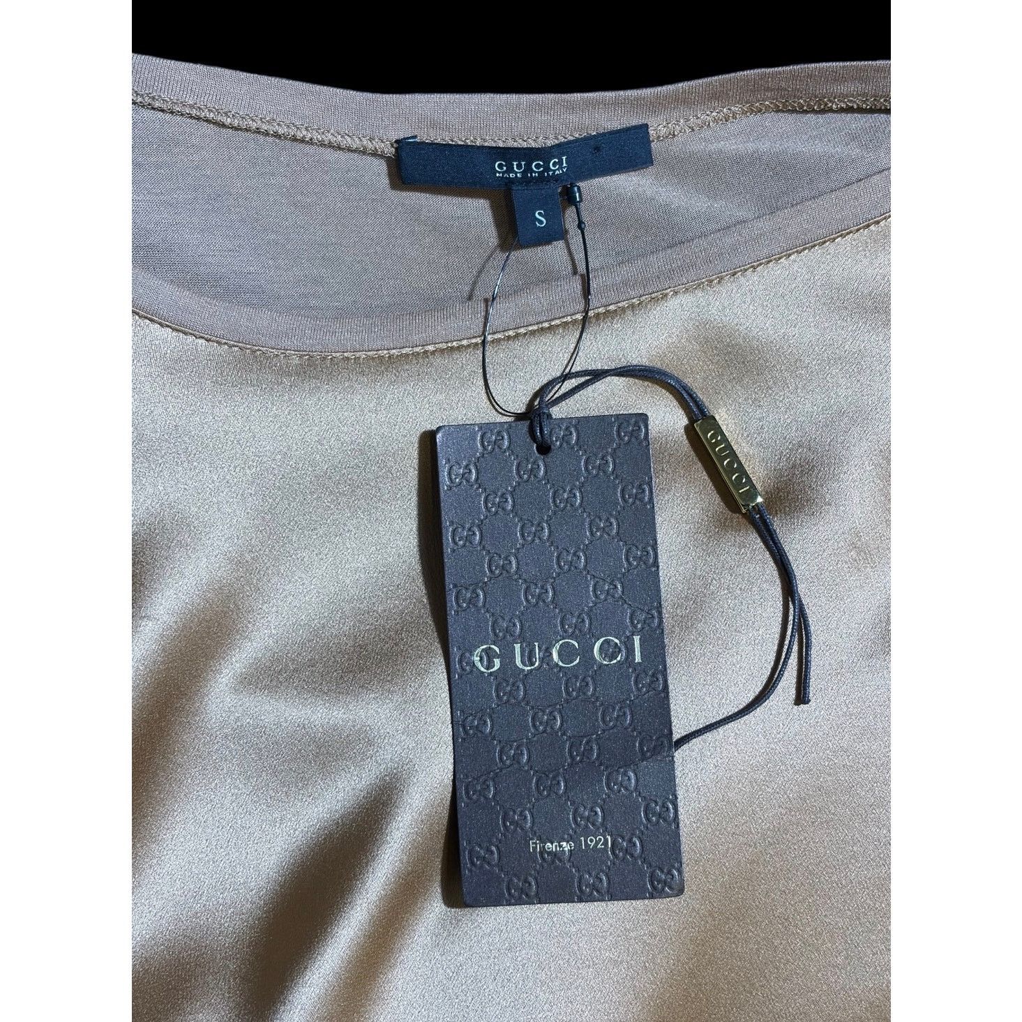Gucci Vintage Y2K Gucci Gold Brown Bateau Neckline Silk Blouse Size S / US 4 / IT 40 - 7 Thumbnail