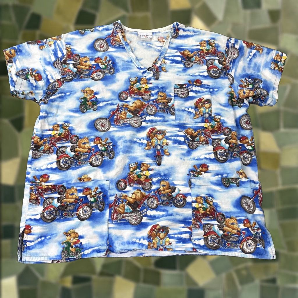 Vintage VINTAGE Peaches Uniforms Scrub Top Blouse Womens XL Blue V-Neck Short Sleeve Animal Print Pockets 60s 70s Mens Womens Girls Boys Size XL / US 12-14 / IT 48-50 - 1 Thumbnail