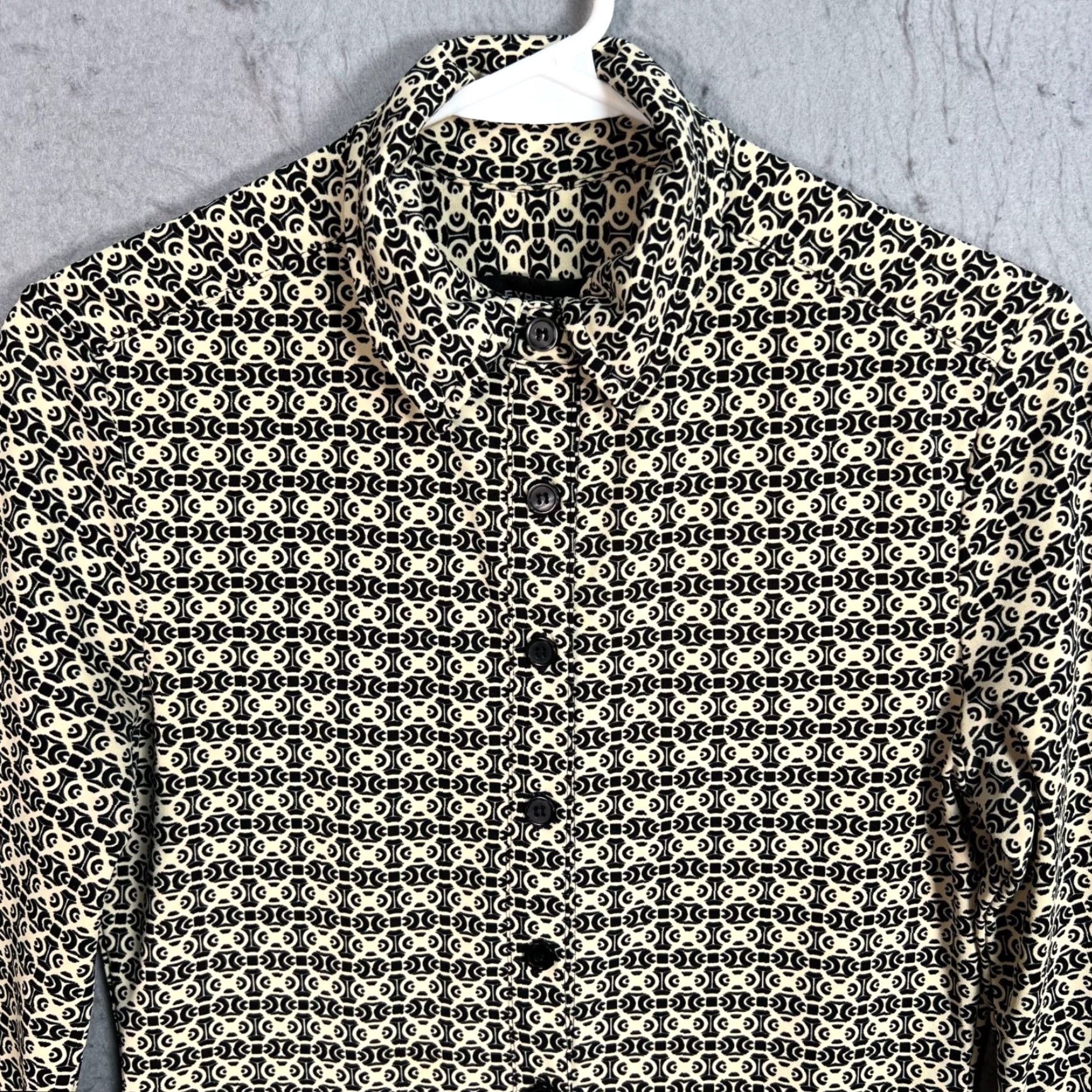 Express Express Womens Shirt Dress 3/4 Sleeve Black Cream Geometric Button-Down Knee Length A-Line Vintage 3/4 Size Size XS / US 0-2 / IT 36-38 - 4 Thumbnail