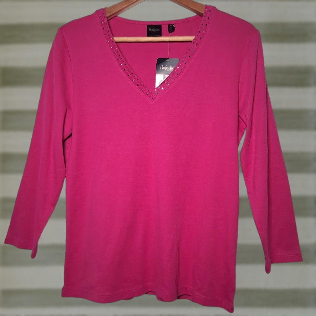 Vintage Rafaella Shirt Women M V-Neck Pink Knit Cotton Long Sleeve Studded NEW Size M / US 6-8 / IT 42-44 - 1 Thumbnail