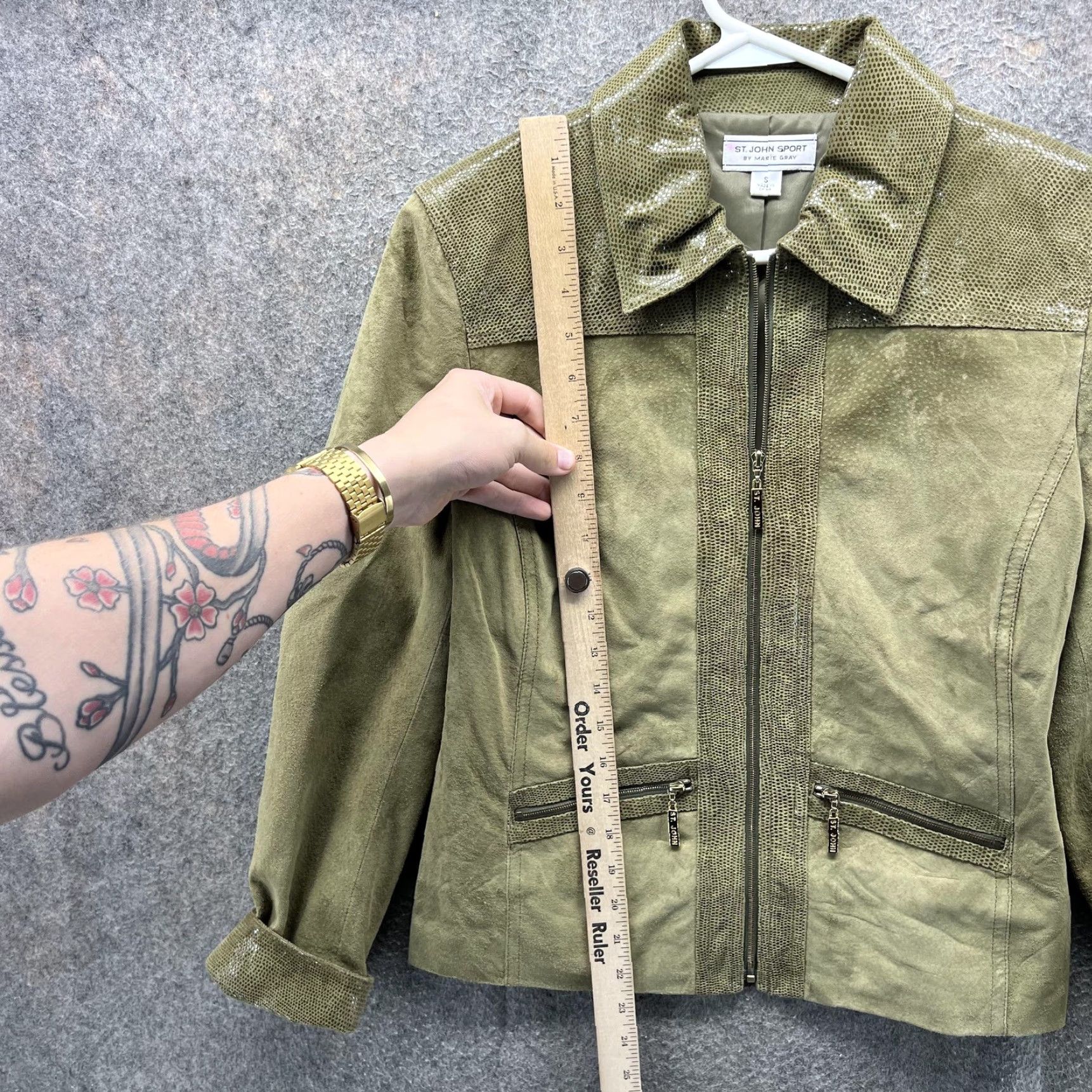 St. John VINTAGE St John Sport Jacket Womens S Green Leather Full Zip Moto Pockets Textured Size S / US 4 / IT 40 - 5 Thumbnail