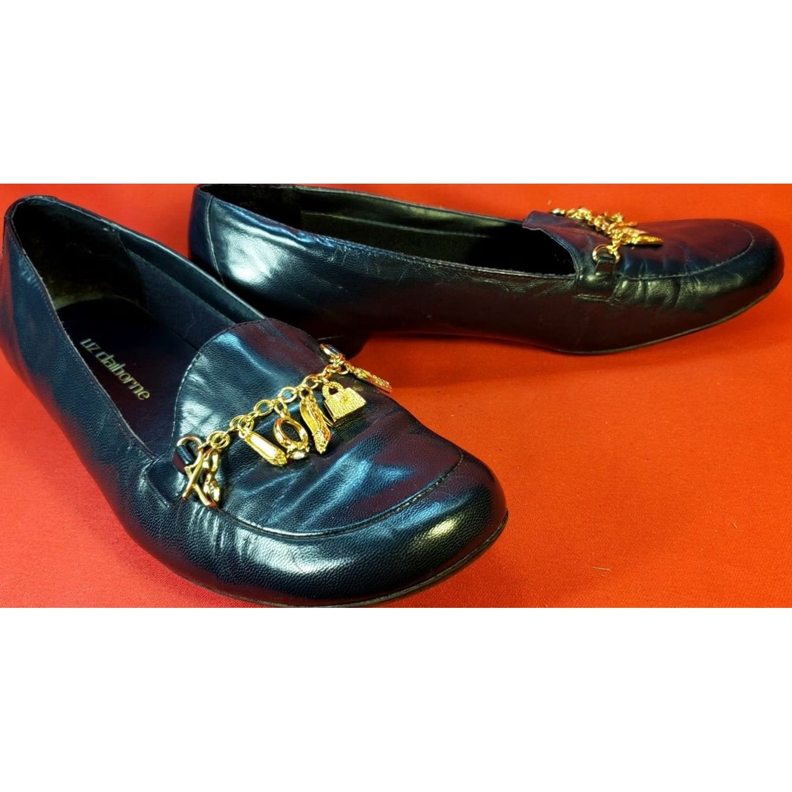 Liz Claiborne Liz Claiborne Wish Flats Women's Navy Leather Low Heel Gold Charms Size 8.5M Size US 7 / IT 37 - 5 Thumbnail