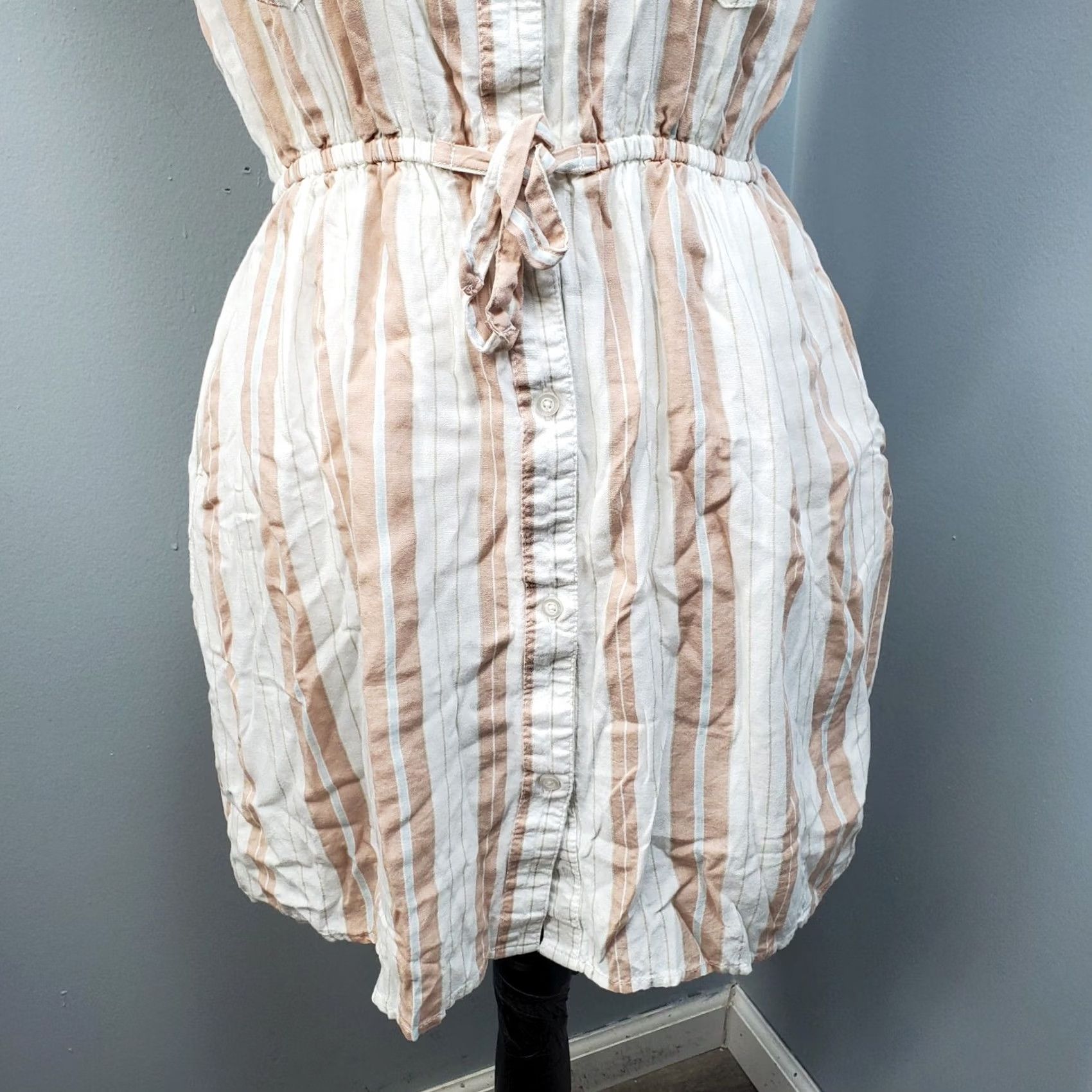 Vintage Japna Shirt Dress Womens M Multi Striped Tie Waist Detail Pockets Collar Button Size M / US 6-8 / IT 42-44 - 4 Thumbnail