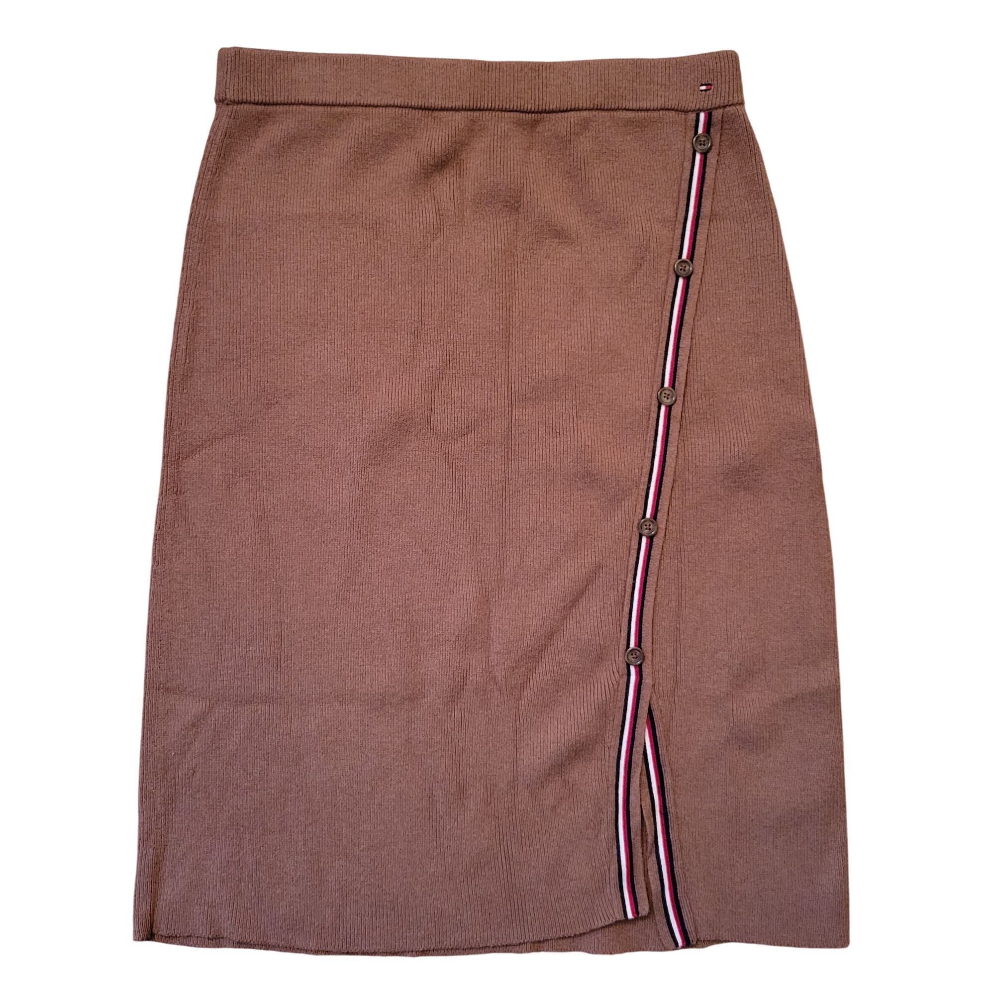Tommy Hilfiger Tommy Hilfiger Brown Knit Skirt Buttons Striped Trim L Front Size 31" - 1 Thumbnail