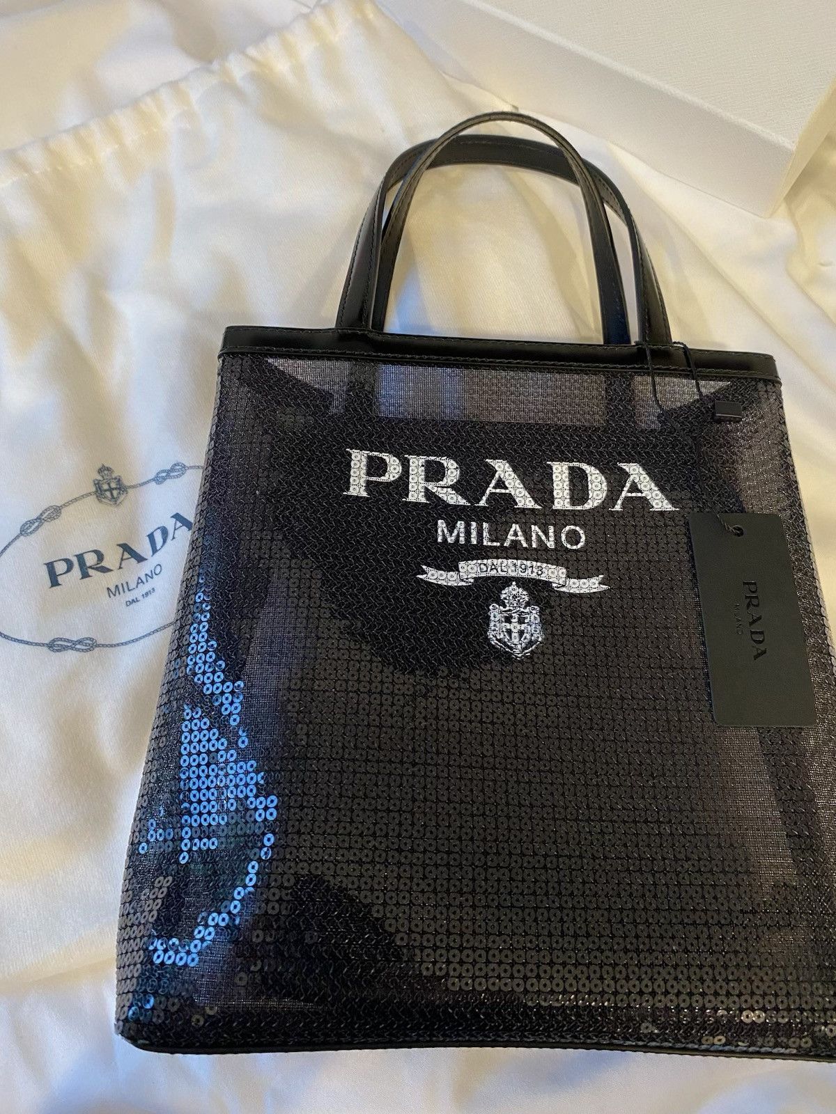 Prada Logo Open Tote Sequined Mesh Small