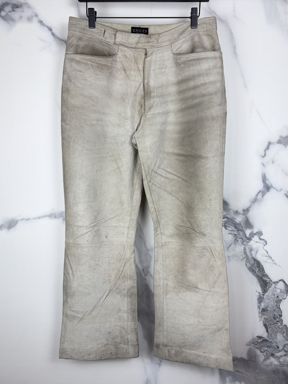 Gucci Gucci Tom Ford Dirty White Flared Leather Pants Thrashed Size US 32 / EU 48 - 1 Thumbnail