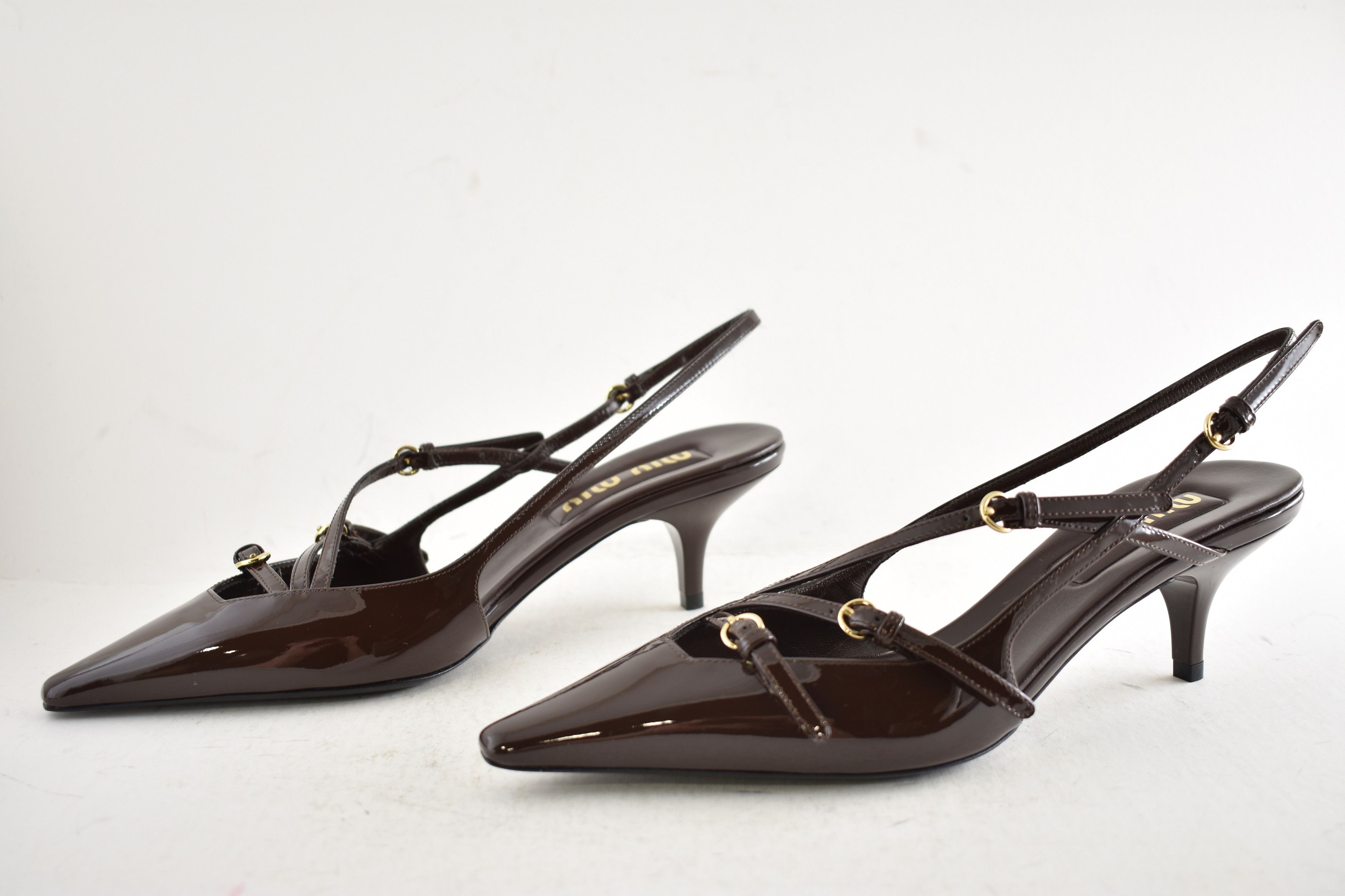 Miu Miu 55 Patent Buckle Trio Pointed Slingback Kitten Heel Pump 36 Size US 6 / IT 36 - 14 Thumbnail