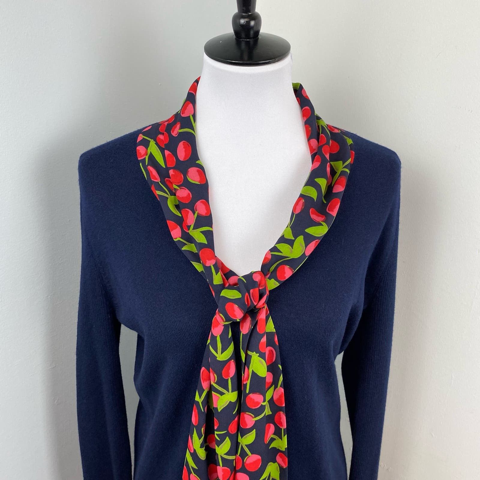 Tory Burch Tory Burch Navy Cashmere Silk Cherry Print Neck Tie Sweater Size L / US 10 / IT 46 - 2 Preview