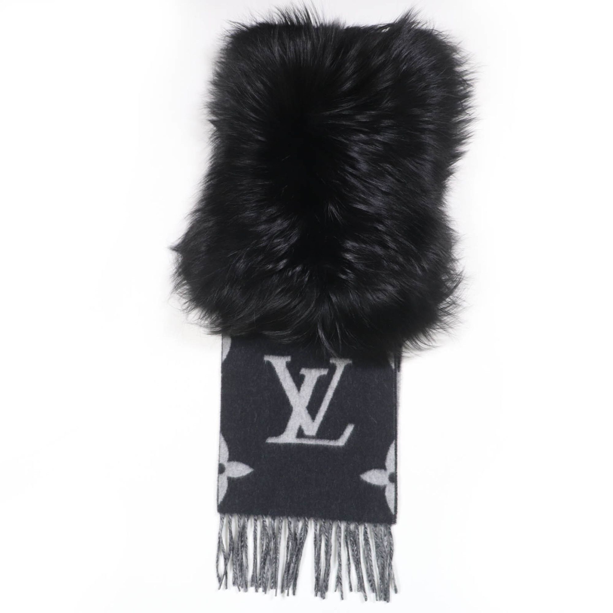 Louis Vuitton LOUIS VUITTON 2017 Louis Vuitton Echarpe Reykjavik Fur Scarf, M70721, 100% Cashmere and Fox with Fringe, Black, Made in Italy, Authentic, Women's Size ONE SIZE - 1 Thumbnail