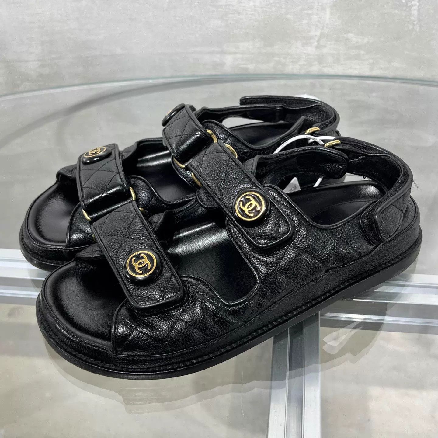 Chanel Chanel Black Velcro Sandals Gold CC Logo Size 37 Size US 6.5 / IT 36.5 - 2 Thumbnail