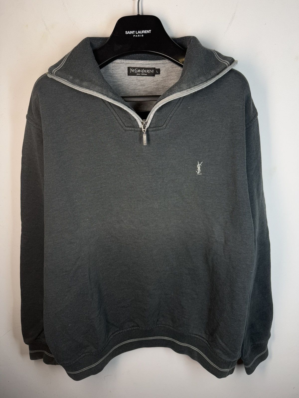 Yves Saint Laurent 90s YSL Sweatshirt 1/4 Quarter Zip Grey Sweater Vintage Size US L / EU 52-54 / 3 - 11 Thumbnail