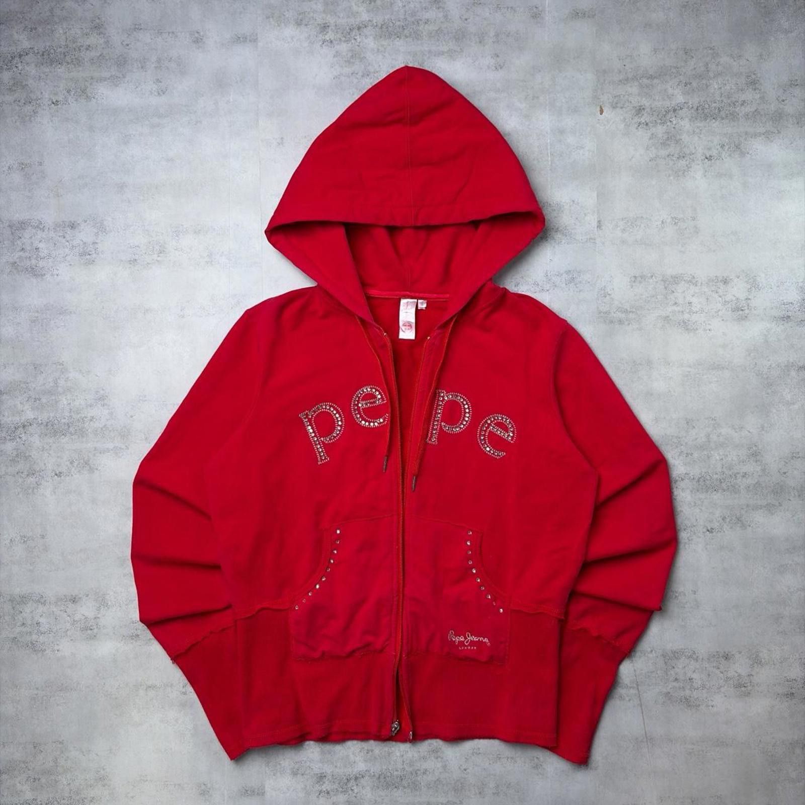 Pepe Jeans Y2K Red Pep Jeans Grunge Rhinestone Skater Zip Up Hoodie Size L / US 10 / IT 46 - 1 Thumbnail