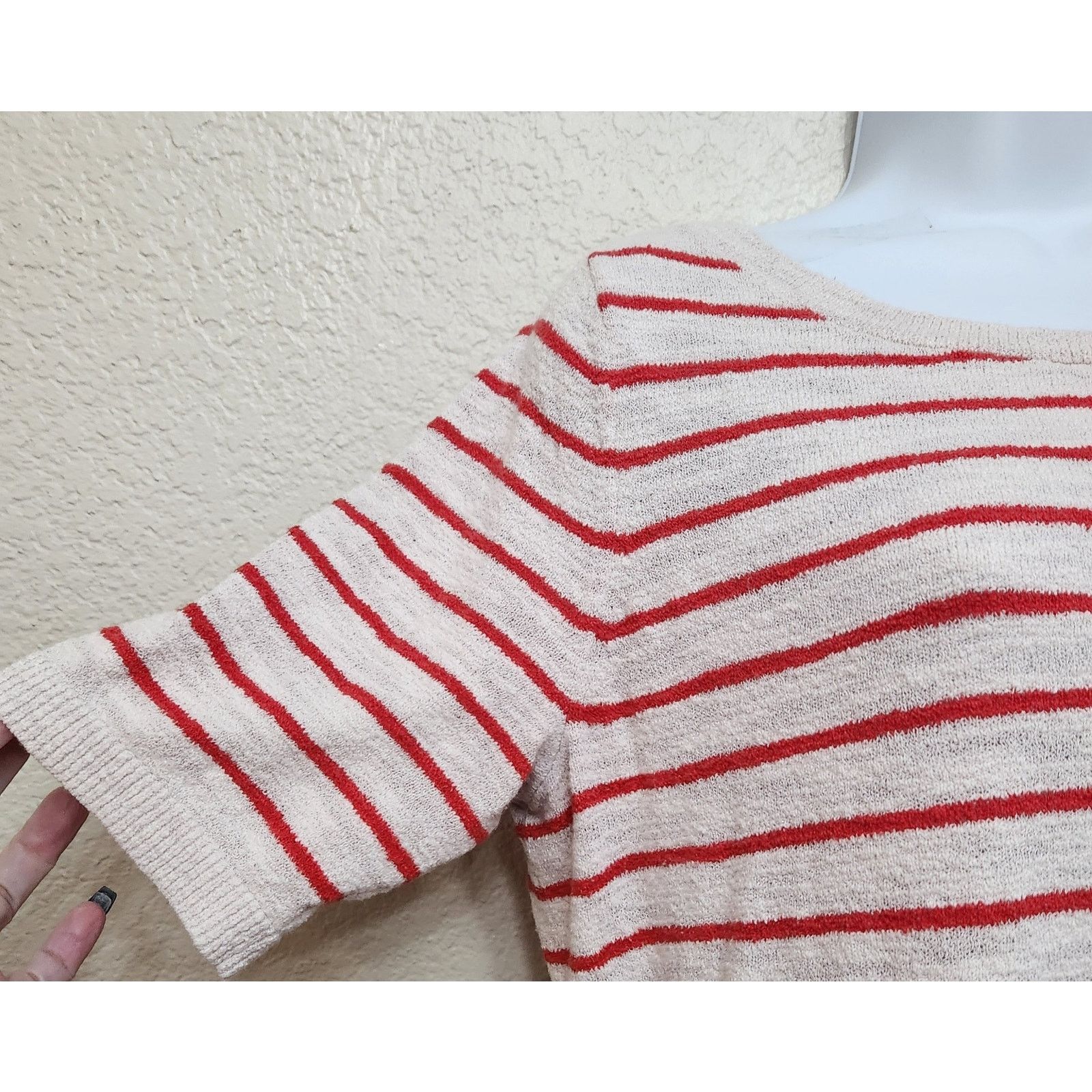 Loft Loft Red Cream Striped Tight Knit Top Large Lightweight Soft Size L / US 10 / IT 46 - 2 Thumbnail
