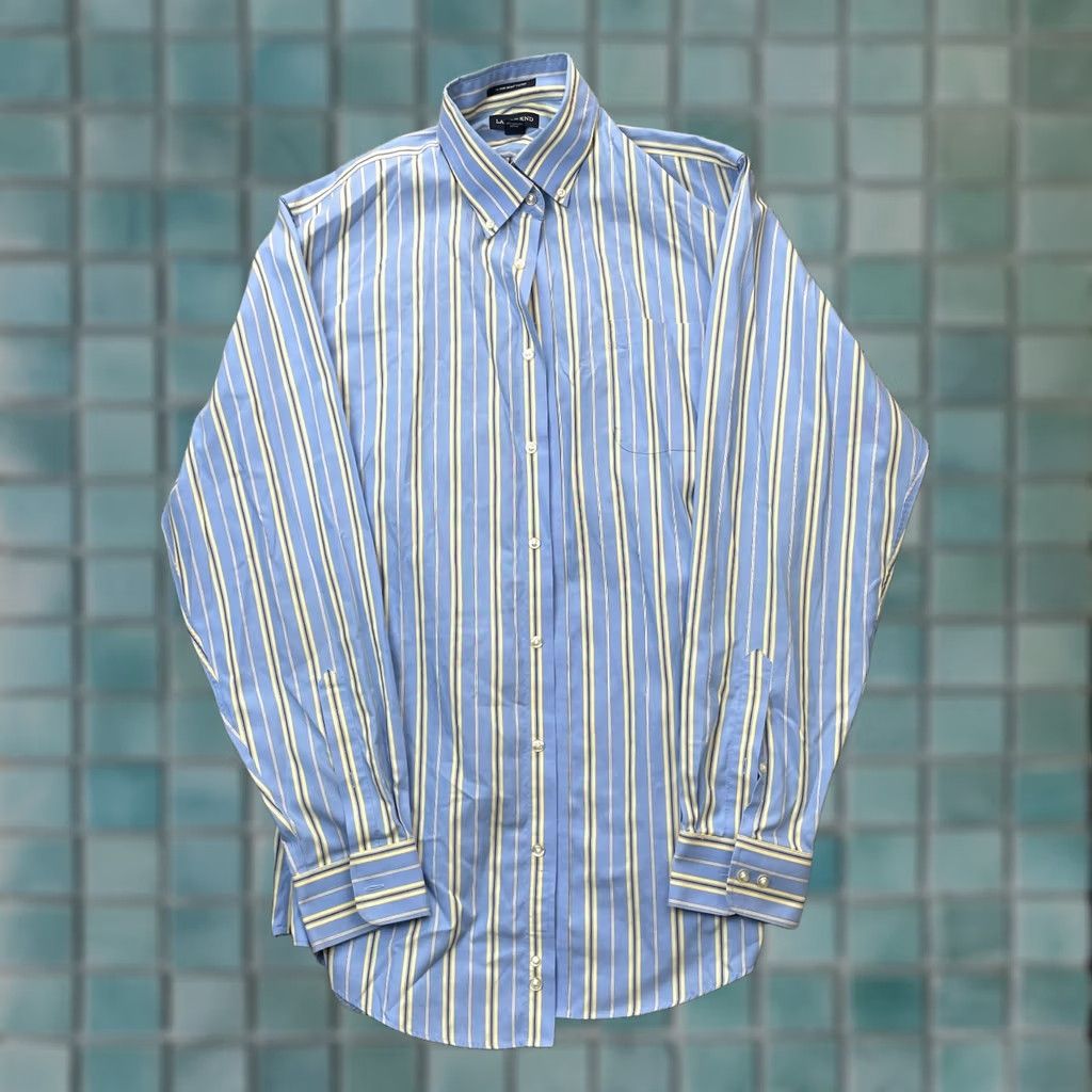 Lands' End VINTAGE Lands End Shirt Mens Large Blue No Iron Supima Pinpoint Dress Striped Size 46R - 1 Thumbnail