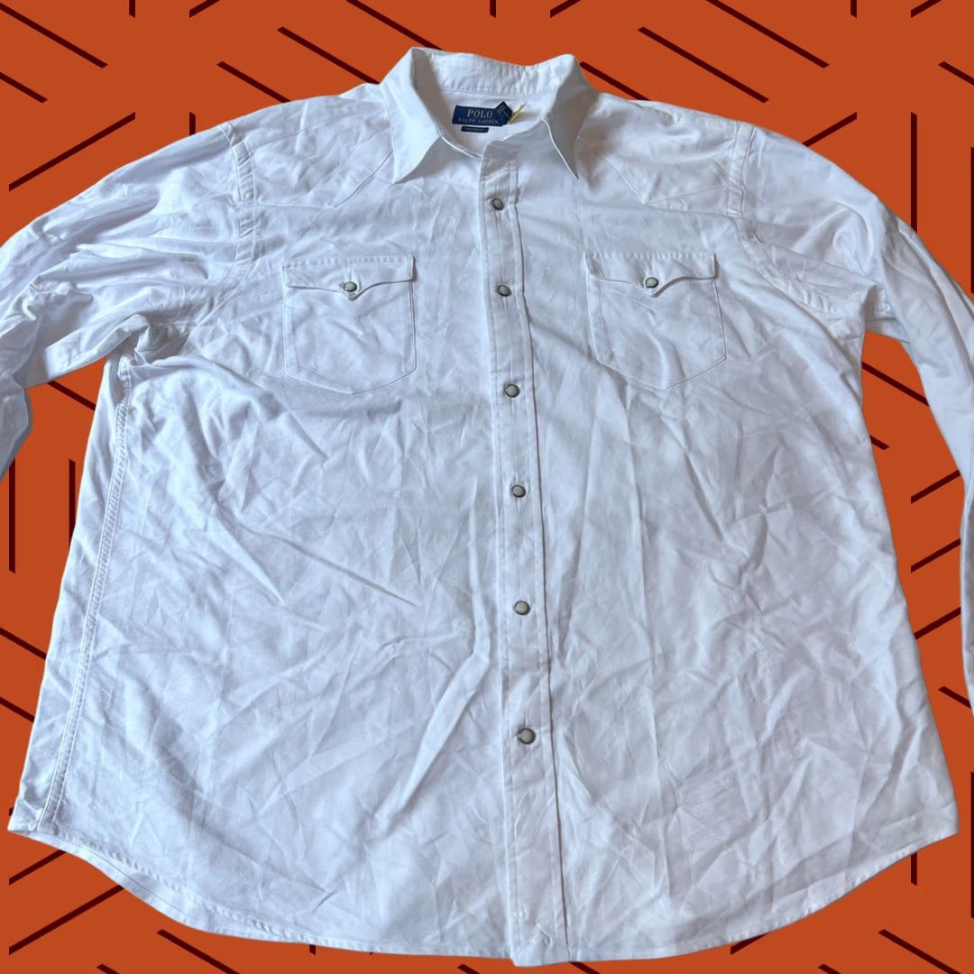 Vintage VINTAGE Polo Shirt 2XL White Pearl Snaps Long Sleeve Western Wear Rockabilly Mens Size US XXL / EU 58 / 5 - 1 Thumbnail