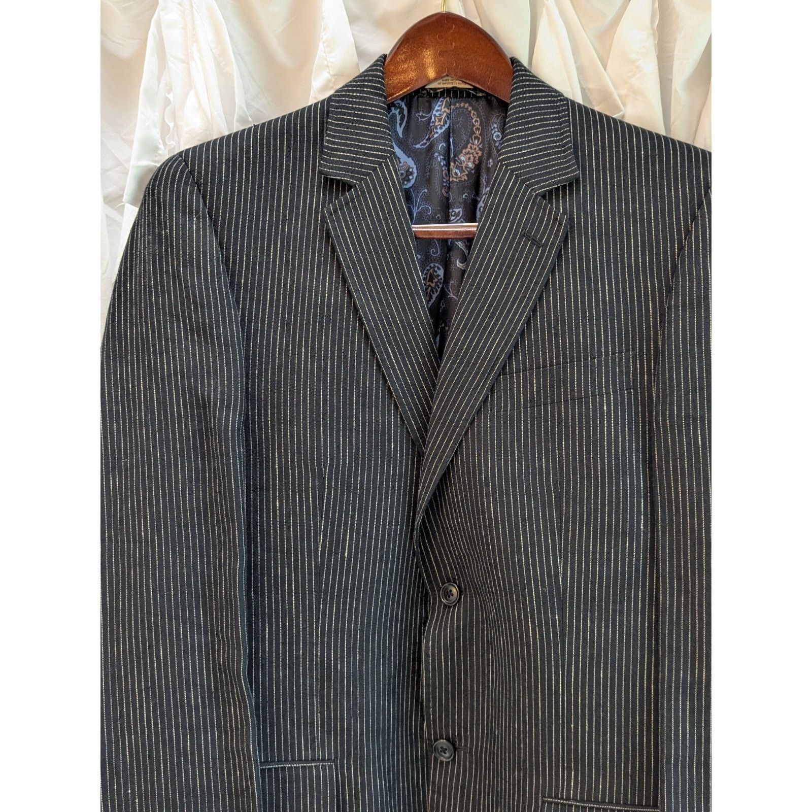 Joseph Abboud Size 38L Black w/White Pin Stripes Linen 2 Button Notch Size 38L - 2 Thumbnail