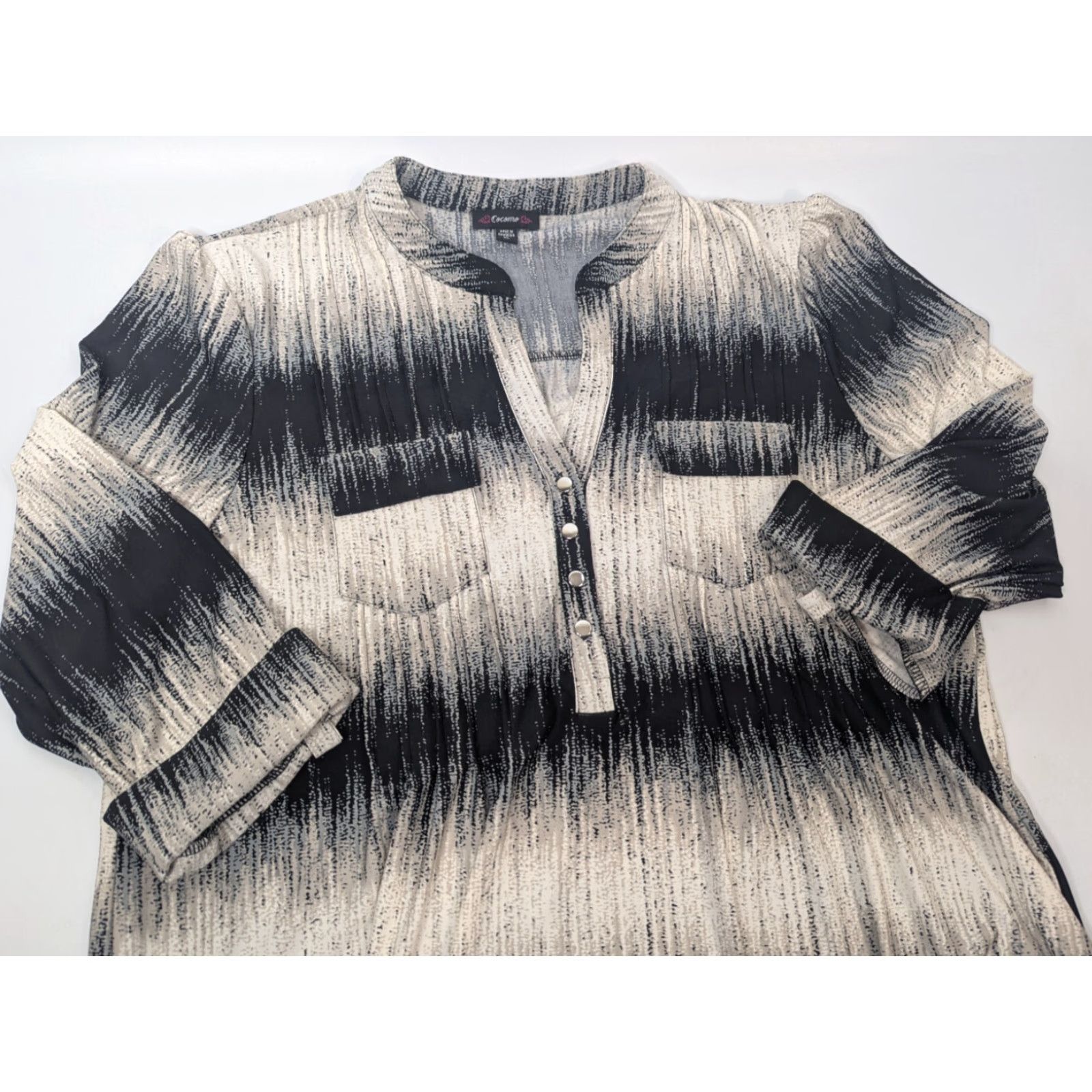Vintage Cocomo Blouse XL Women Ivory V-Neck 3/4 Sleeve Roll Tab Button Pleated Tunic Top Geometric Classic Peasant Fashion Shirt Clothes Size XL / US 12-14 / IT 48-50 - 2 Thumbnail