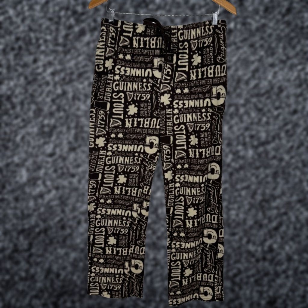 Vintage Guinness Mens Fleece Lounge Pajama Pants Brown Cream Large Elastic Logo Pockets Size US 33 - 1 Thumbnail