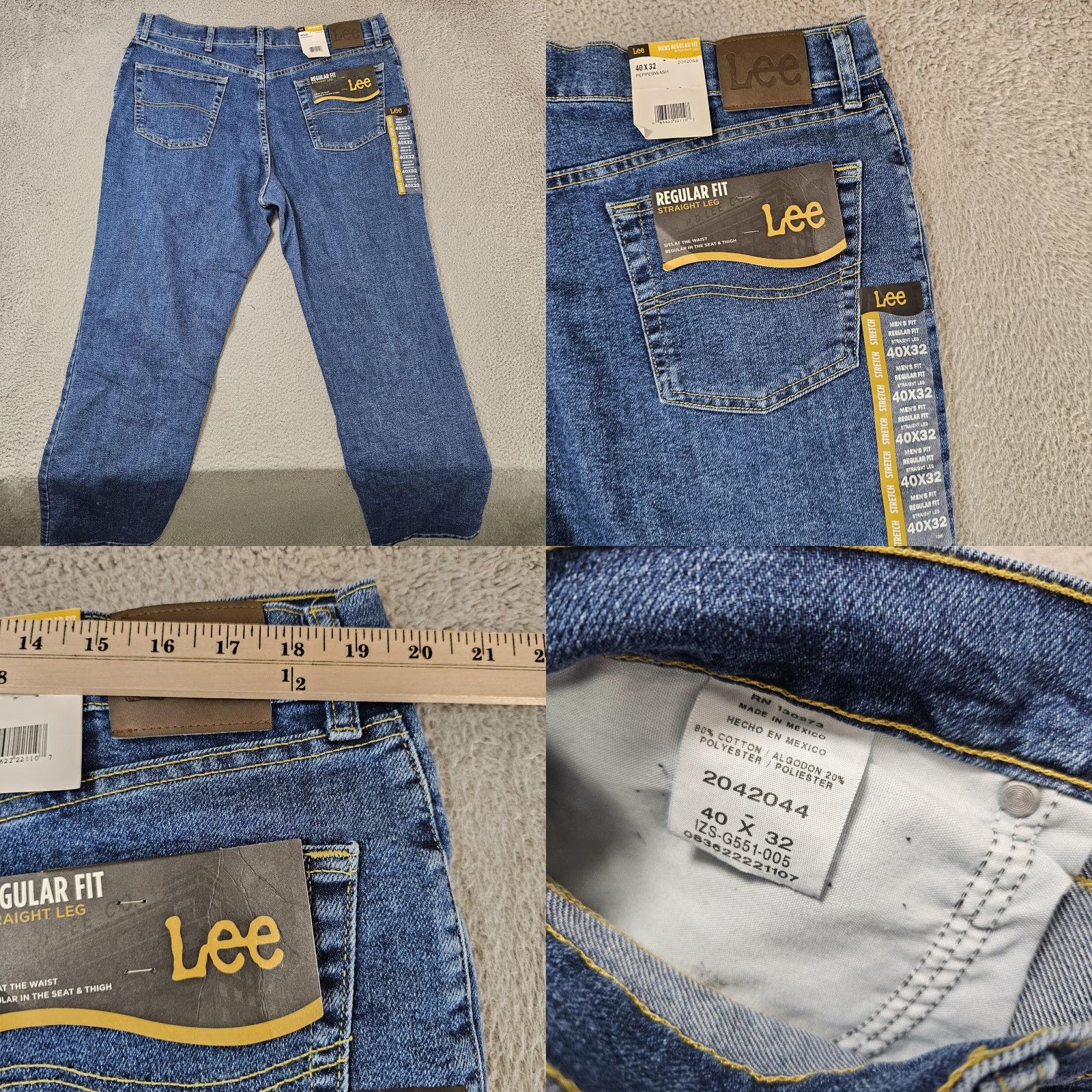 Lee Lee Regular Fit Straight Leg Jeans Mens 40x32 Blue Stretch High Rise Denim Size US 40 / EU 56 - 8 Thumbnail
